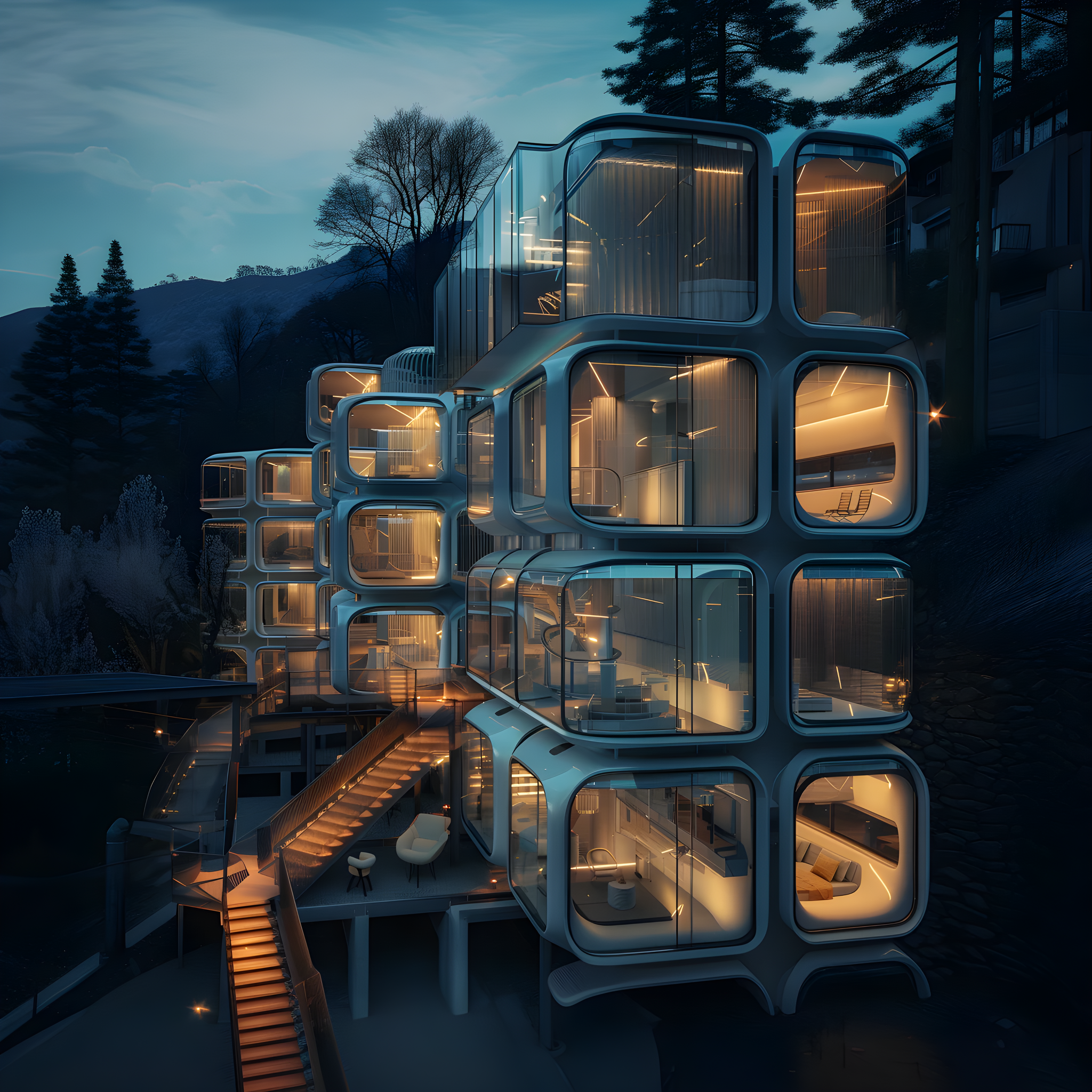 Midjourney: Capsule boutique hotel in the mountains - Midjourney, Artificial Intelligence, Art, Нейронные сети, Neural network art, Hotel, Capsule Hotel, The mountains, Russia, Japan, France, Greece, Germany, Italy, Longpost