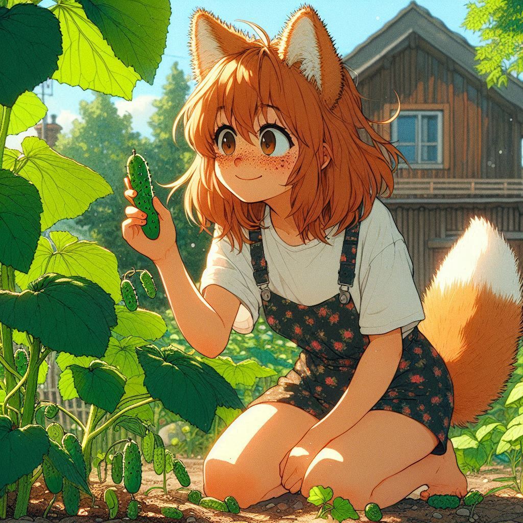 The cucumbers are gone! - My, Neural network art, Нейронные сети, Art, Girls, Anime art, Anime, Original character, Kitsune, Animal ears, Tail, Redheads, Freckles, Cucumbers, Garden, Summer, Ginger & White, Longpost