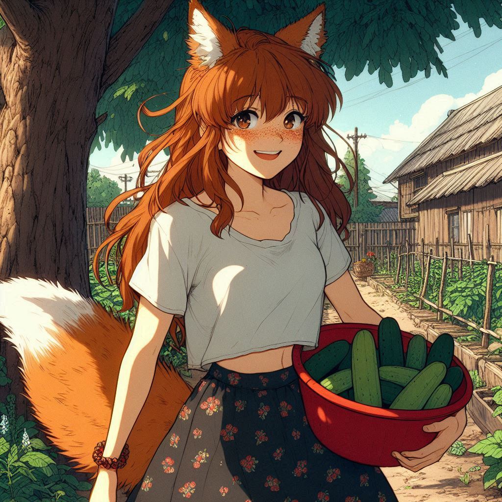 The cucumbers are gone! - My, Neural network art, Нейронные сети, Art, Girls, Anime art, Anime, Original character, Kitsune, Animal ears, Tail, Redheads, Freckles, Cucumbers, Garden, Summer, Ginger & White, Longpost