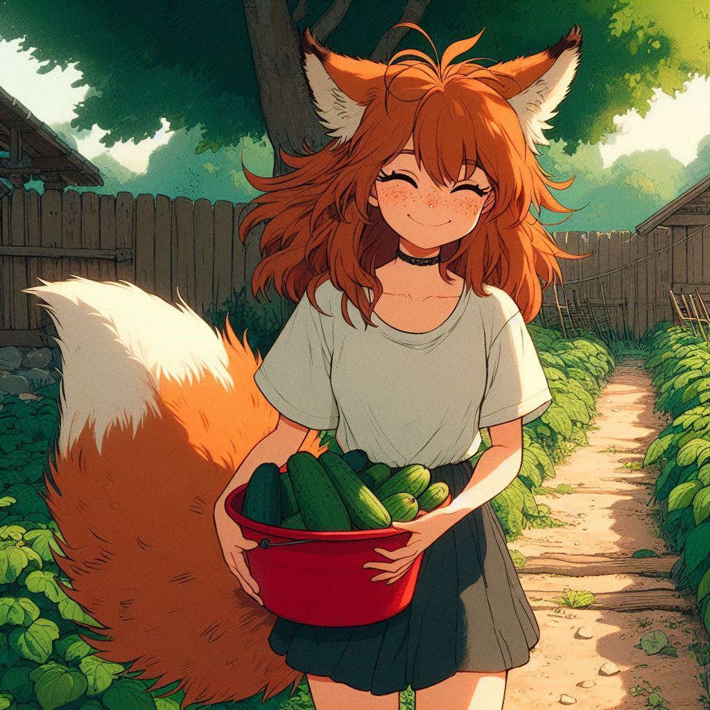 The cucumbers are gone! - My, Neural network art, Нейронные сети, Art, Girls, Anime art, Anime, Original character, Kitsune, Animal ears, Tail, Redheads, Freckles, Cucumbers, Garden, Summer, Ginger & White, Longpost