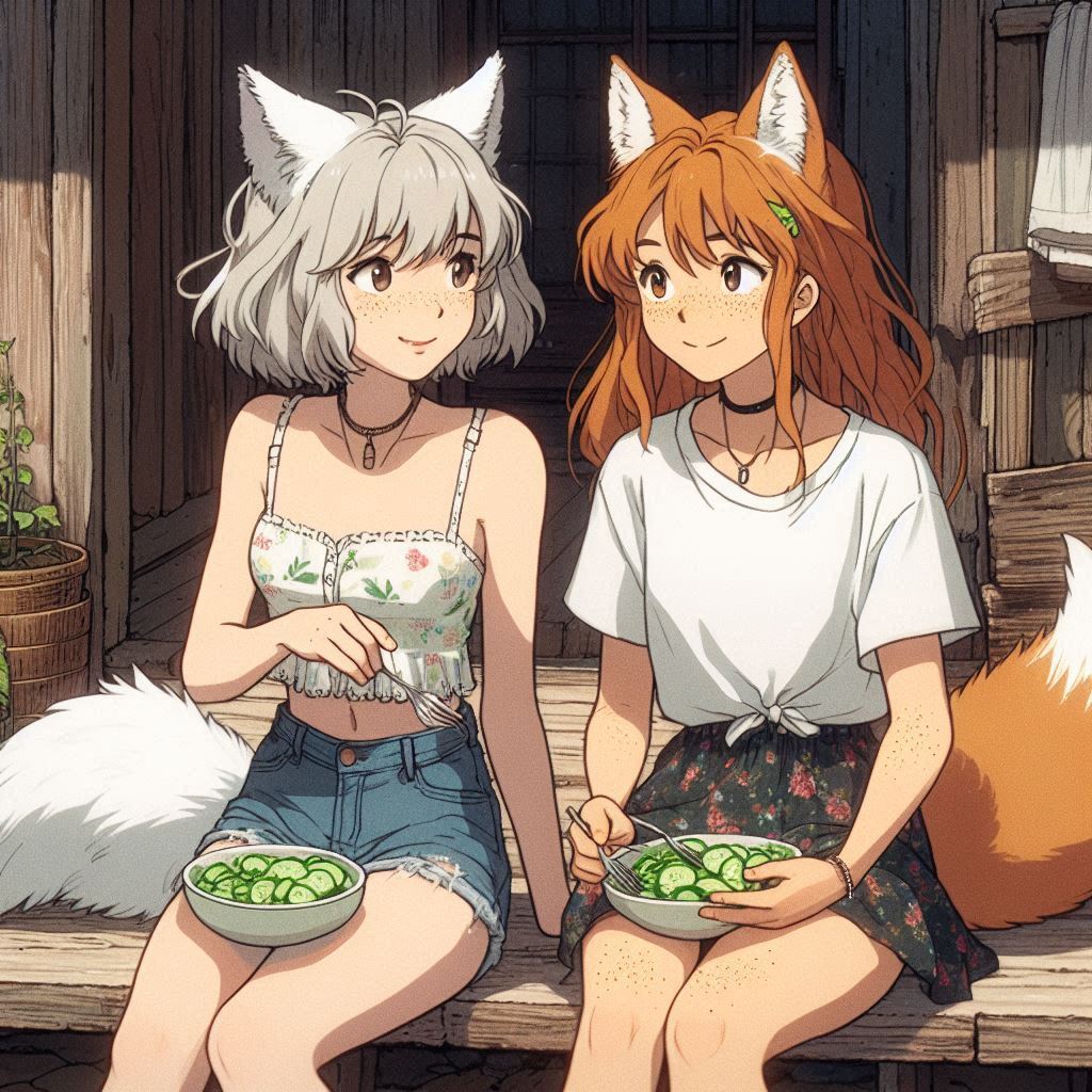 The cucumbers are gone! - My, Neural network art, Нейронные сети, Art, Girls, Anime art, Anime, Original character, Kitsune, Animal ears, Tail, Redheads, Freckles, Cucumbers, Garden, Summer, Ginger & White, Longpost