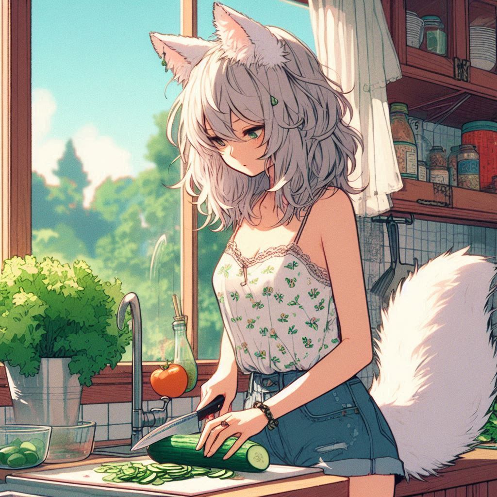 The cucumbers are gone! - My, Neural network art, Нейронные сети, Art, Girls, Anime art, Anime, Original character, Kitsune, Animal ears, Tail, Redheads, Freckles, Cucumbers, Garden, Summer, Ginger & White, Longpost