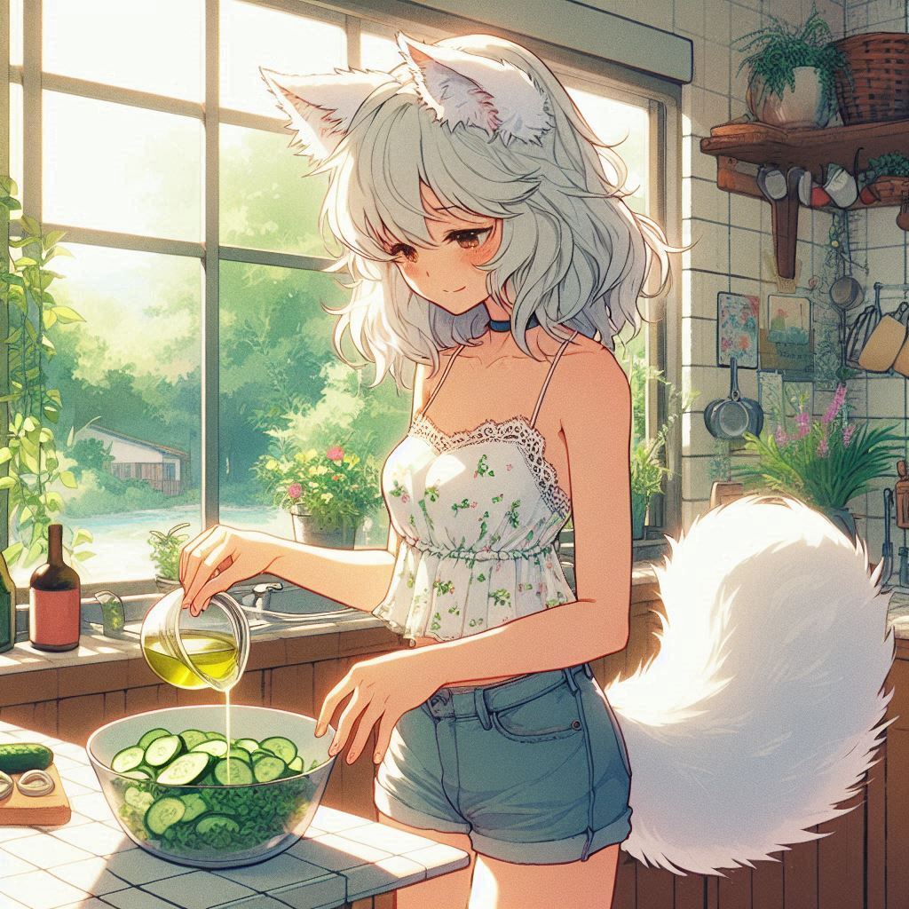 The cucumbers are gone! - My, Neural network art, Нейронные сети, Art, Girls, Anime art, Anime, Original character, Kitsune, Animal ears, Tail, Redheads, Freckles, Cucumbers, Garden, Summer, Ginger & White, Longpost