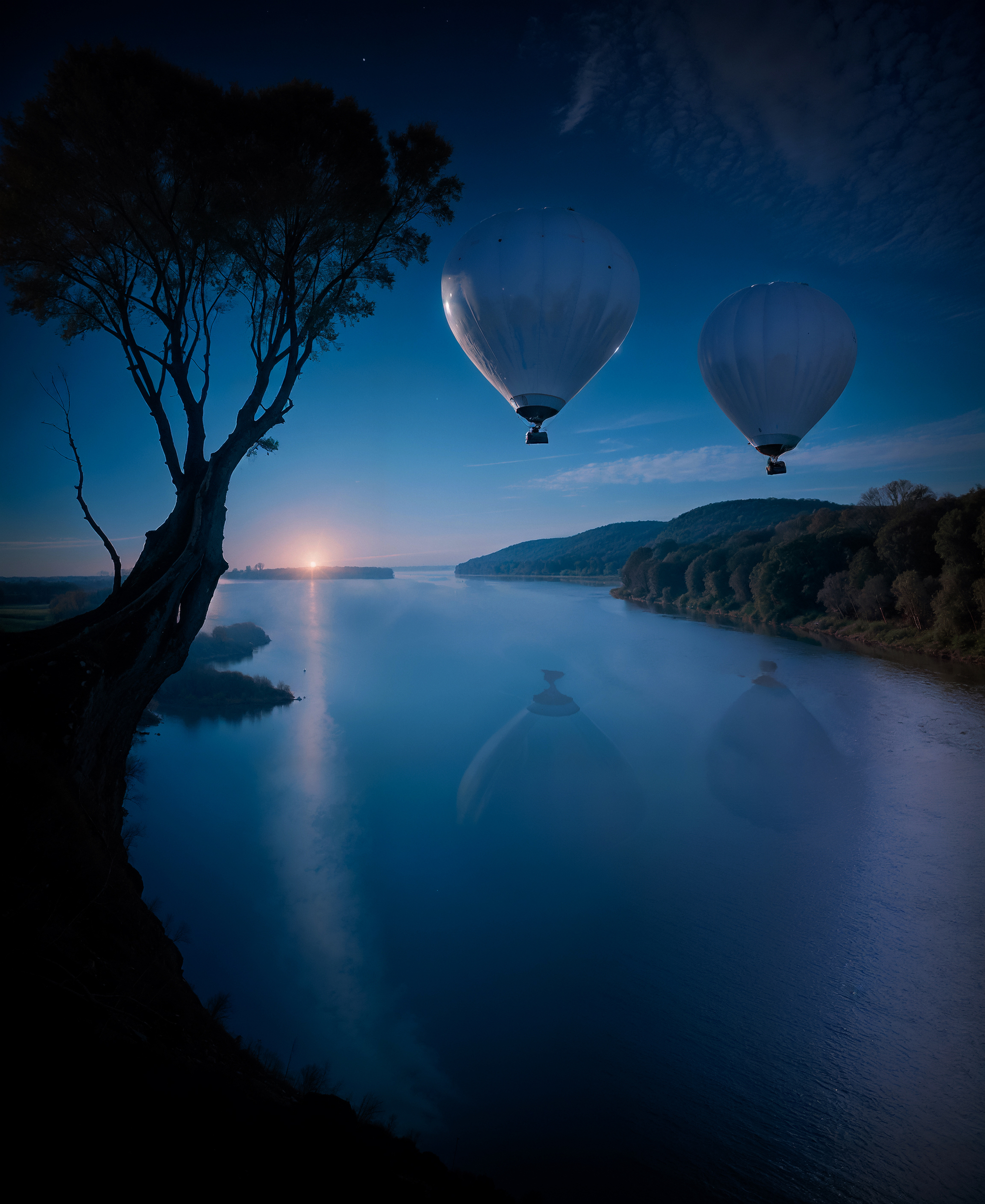 Today I bought the painting “Dawn” and went to fight an unequal battle with the reflections in the “Stub”... - My, Painting, dawn, Canvas, Landscape, Balloon, River, Neural network art, Stable diffusion, The photo, Balloon, Longpost