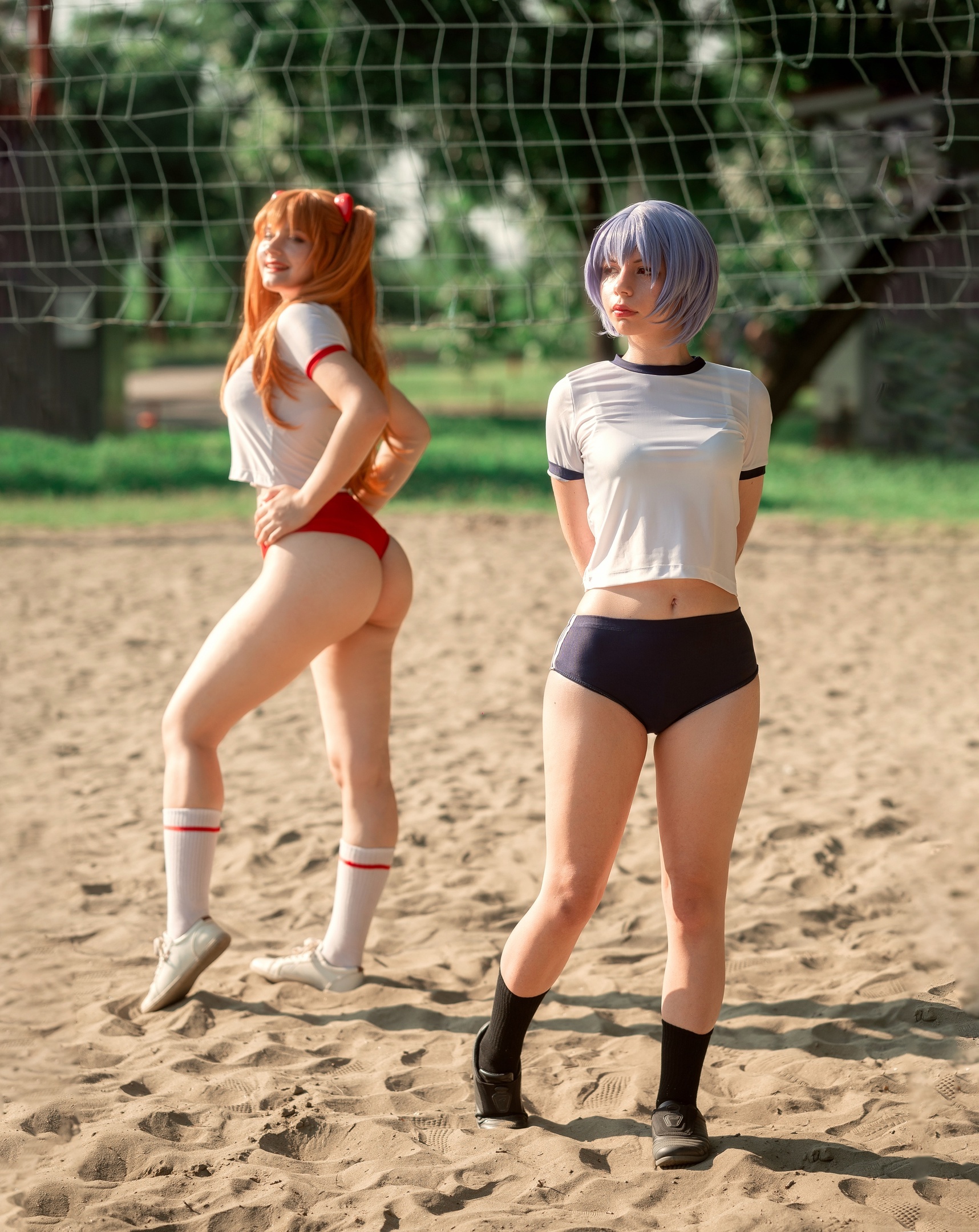 New uniform for this weather (Cosplay of Rei and Asuka from Evangelion) - My, Cosplay, Evangelion, Asuka langley, Anime, Rei ayanami, The photo, Booty