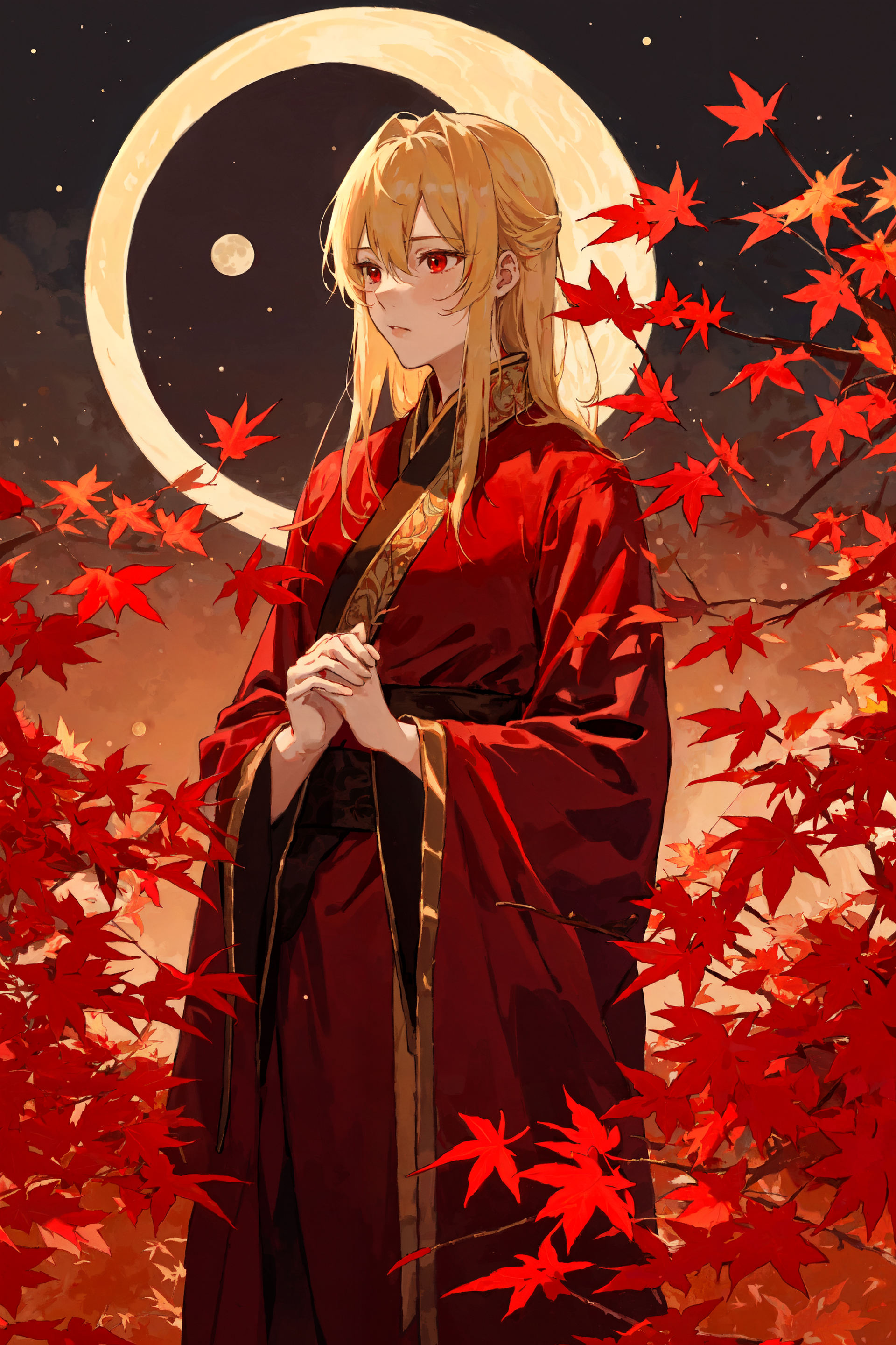 Somewhere among the red pseudo-maple leaves... - My, Neural network art, Stable diffusion, Girls, Portrait, Anime art, Original character, Blonde, Red eyes, Maple, Kimono, sleeves, moon, Longpost