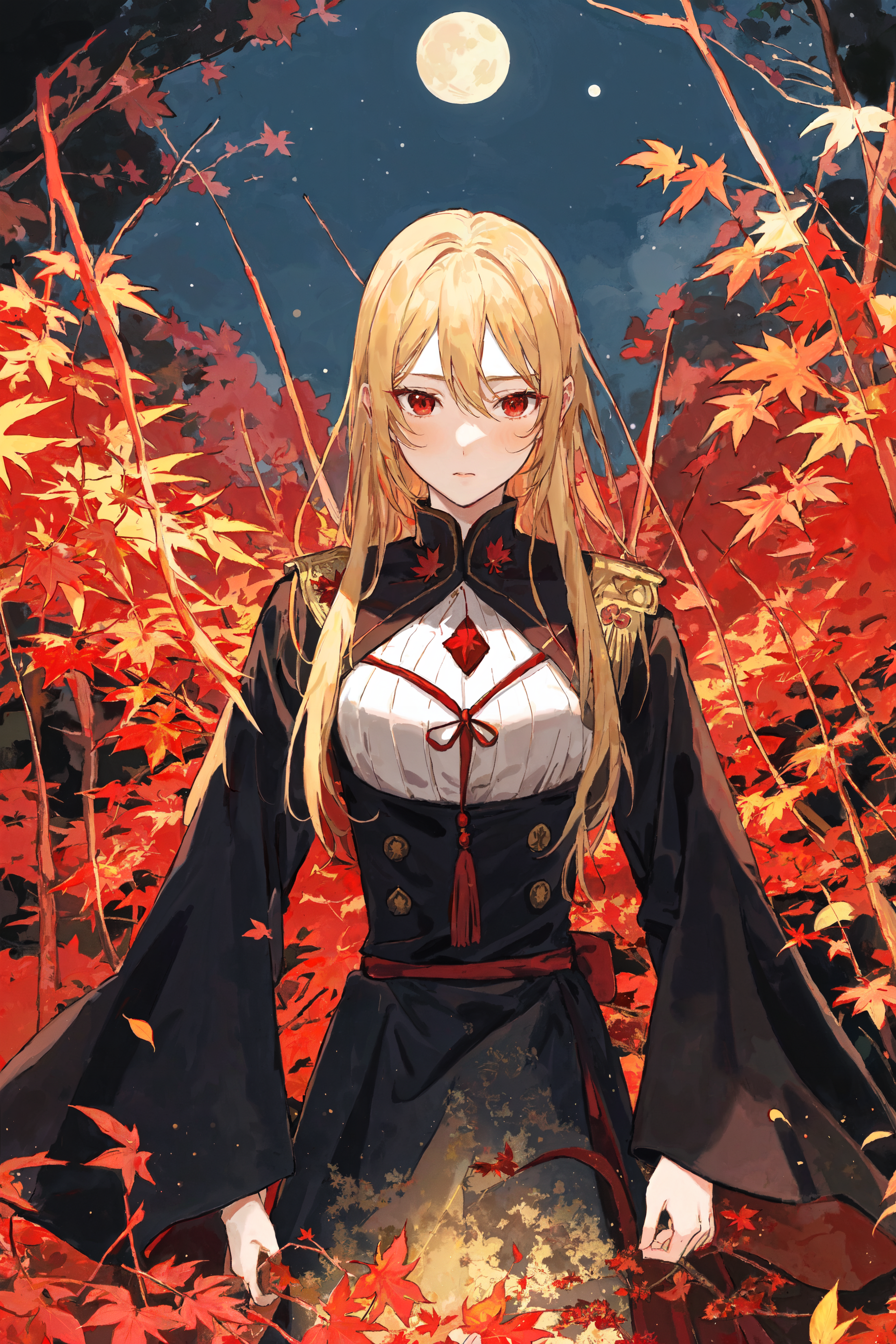 Somewhere among the red pseudo-maple leaves... - My, Neural network art, Stable diffusion, Girls, Portrait, Anime art, Original character, Blonde, Red eyes, Maple, Kimono, sleeves, moon, Longpost