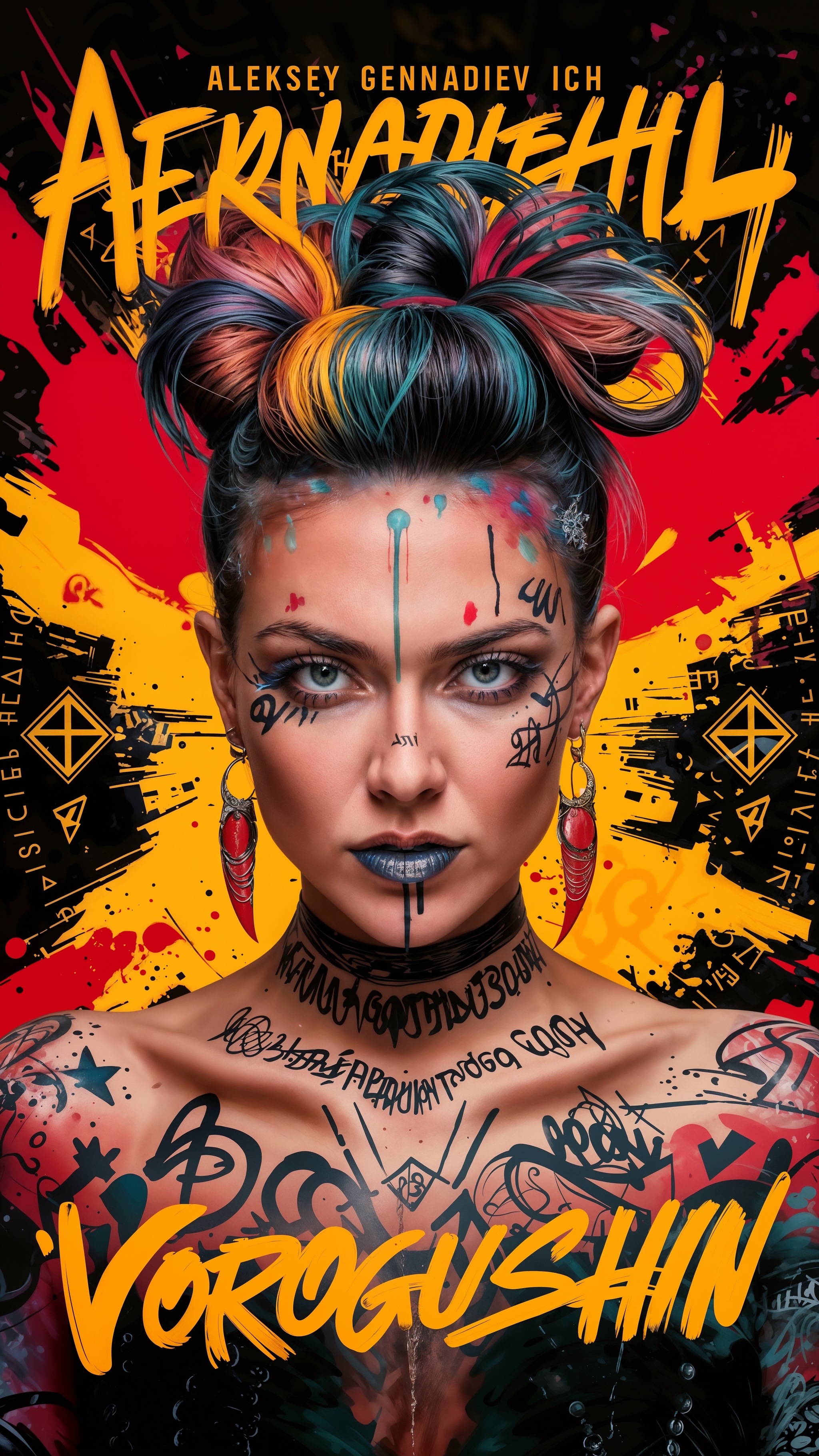 Ai-artist: Vorogushin Alexey Gennadievich. A modern image of a bright girl in street art style. Contemporary artist - My, Artist, Нейронные сети, Desktop wallpaper, Neural network art, Phone wallpaper, Art, Digital, Dall-e, Street art, Midjourney, Computer graphics, Art, Stable diffusion, Modern Art, Colorful hair, Artificial Intelligence, Wallpaper, Girls, Graffiti, The photo