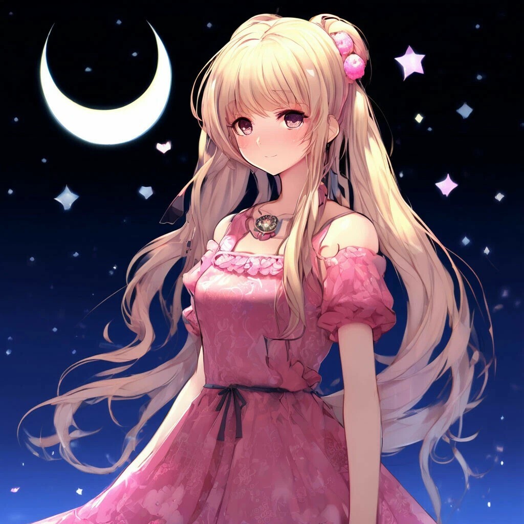 Anime art - My, Neural network art, Art, Anime art, moon, Crescent, Girls, Blonde, The dress, Longpost