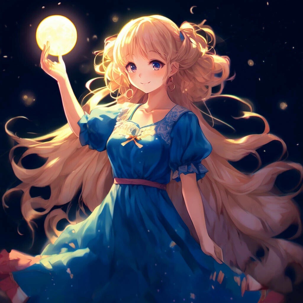 Anime art - My, Neural network art, Art, Anime art, moon, Crescent, Girls, Blonde, The dress, Longpost