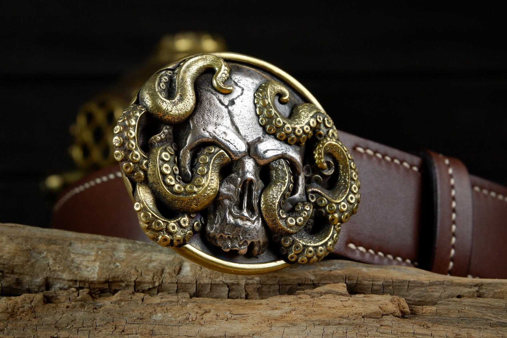 Assembled skull buckle for men's belt, brass-nickel silver. grossone - My, Grossone, Men's belts, Buckle, Scull, Octopus, Leather products, Longpost, Repeat