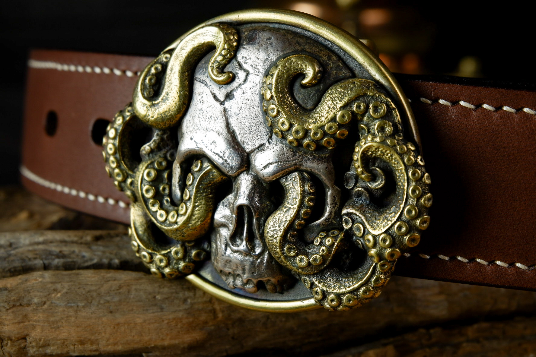 Assembled skull buckle for men's belt, brass-nickel silver. grossone - My, Grossone, Men's belts, Buckle, Scull, Octopus, Leather products, Longpost, Repeat