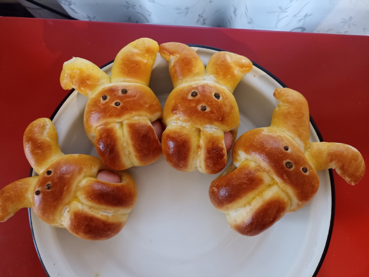 Bunnies (sausages in dough) - My, The photo, Food, Sausage in dough, Humor, Dough, Yummy, Bakery products