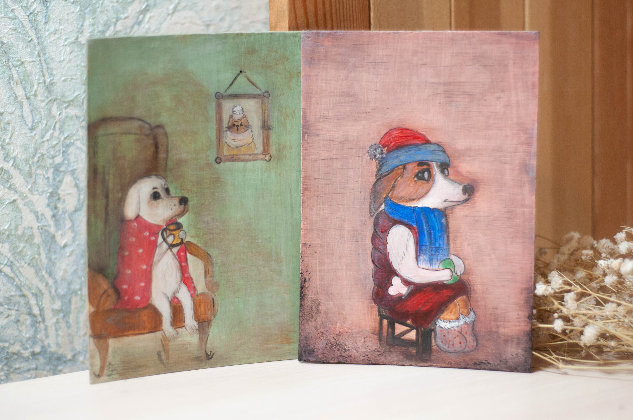 Miniature paintings on primed cardboard - My, Walk, Dog, Painting, Miniature, Painting, Canvas, Handmade, Painting, Decor, Acrylic, Animalistics, Longpost