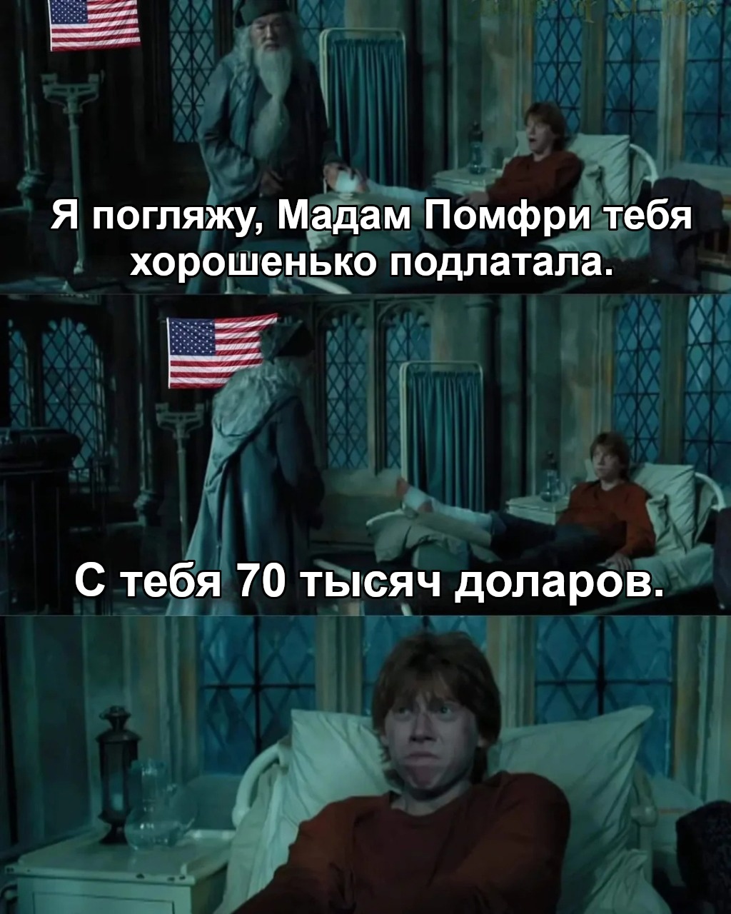 If Hogwarts was in America - Harry Potter, Ron Weasley, Albus Dumbledore, Hogwarts, The medicine, USA, Picture with text, Translated by myself, VKontakte (link)