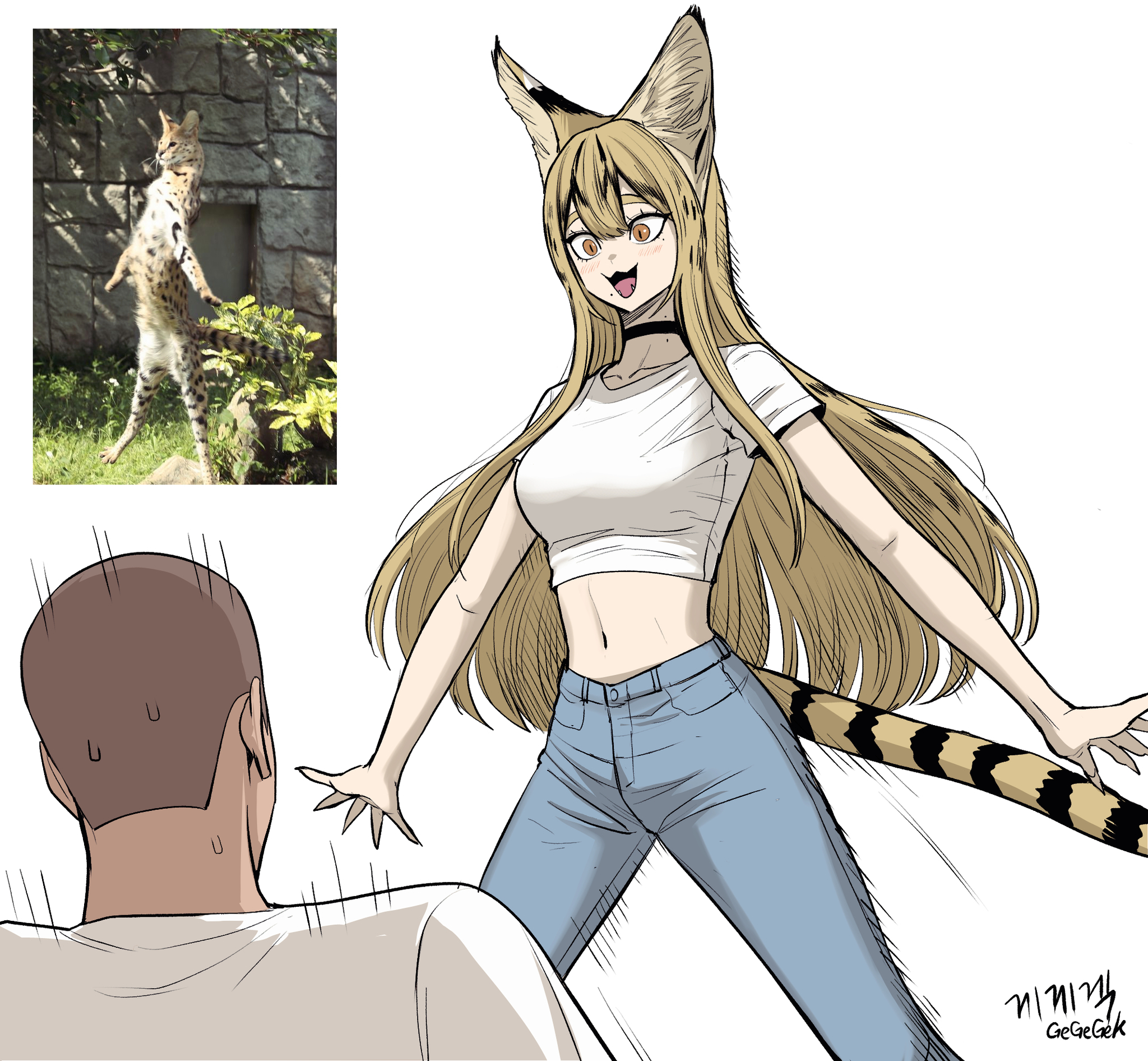 Continuation of the post “Humanization” - Art, Anime, Anime art, Humanization, Animal ears, Gegegekman, Tail, cat, Serval, Reply to post, A wave of posts