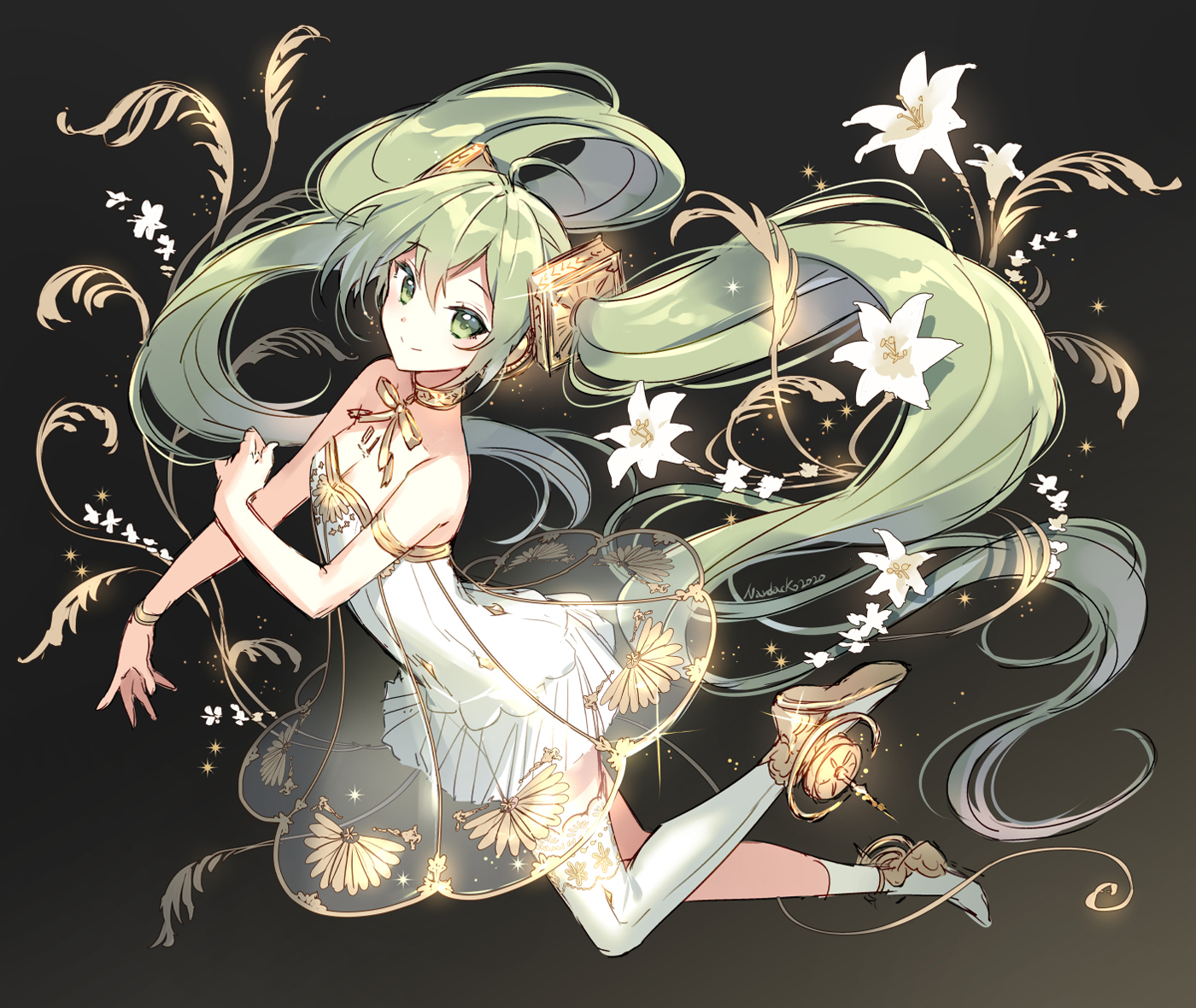 Hatsune Miku #105 - Anime art, Anime, Hatsune Miku, Long hair, Vocaloid, Flowers, The dress, Girls, A bracelet, Smile, Black background