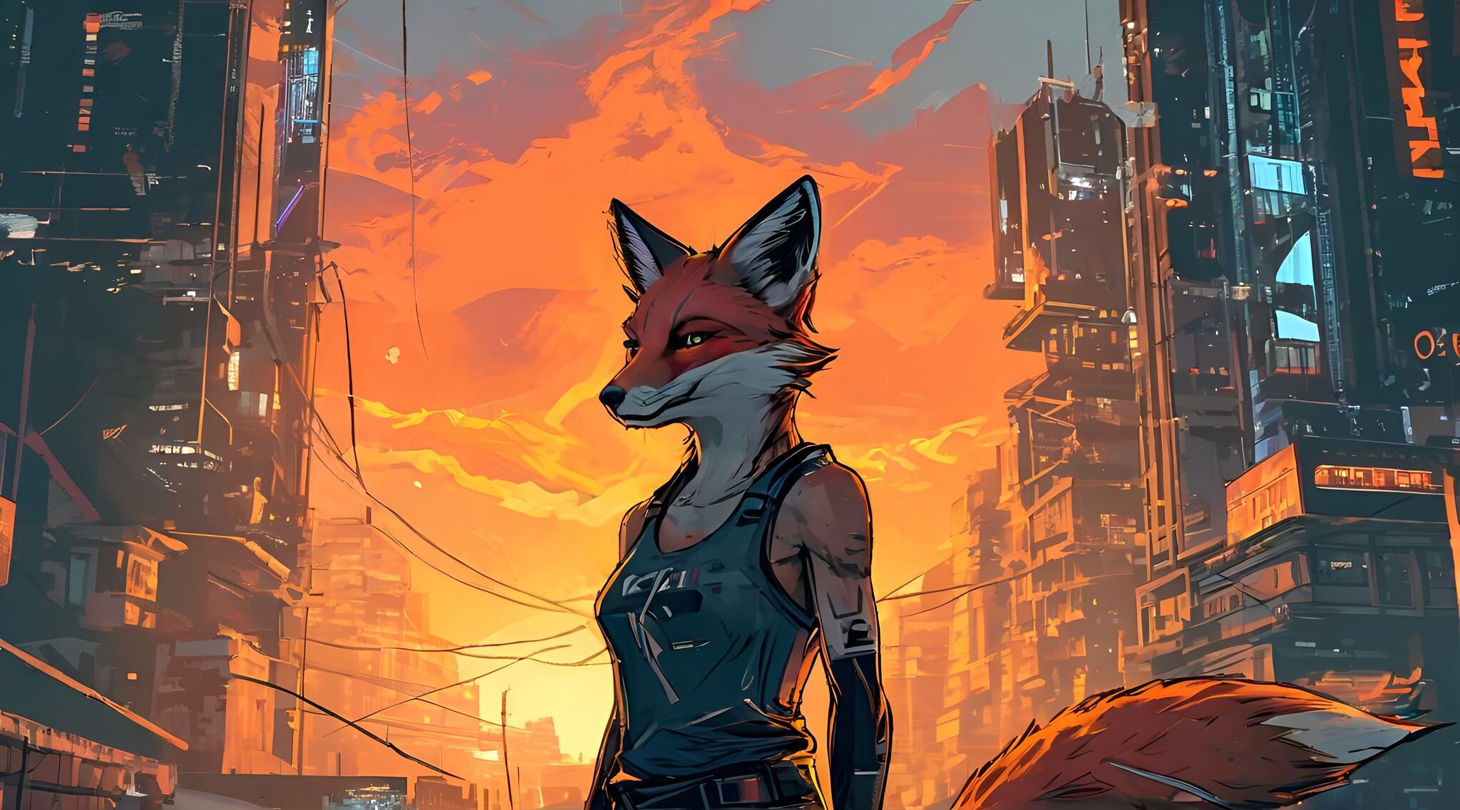 Furry art by Wolfmks #53 - My, Furry, Art, Art, Furry art, Neural network art, Cyberpunk, Lineart, Fox, Furry fox, Longpost