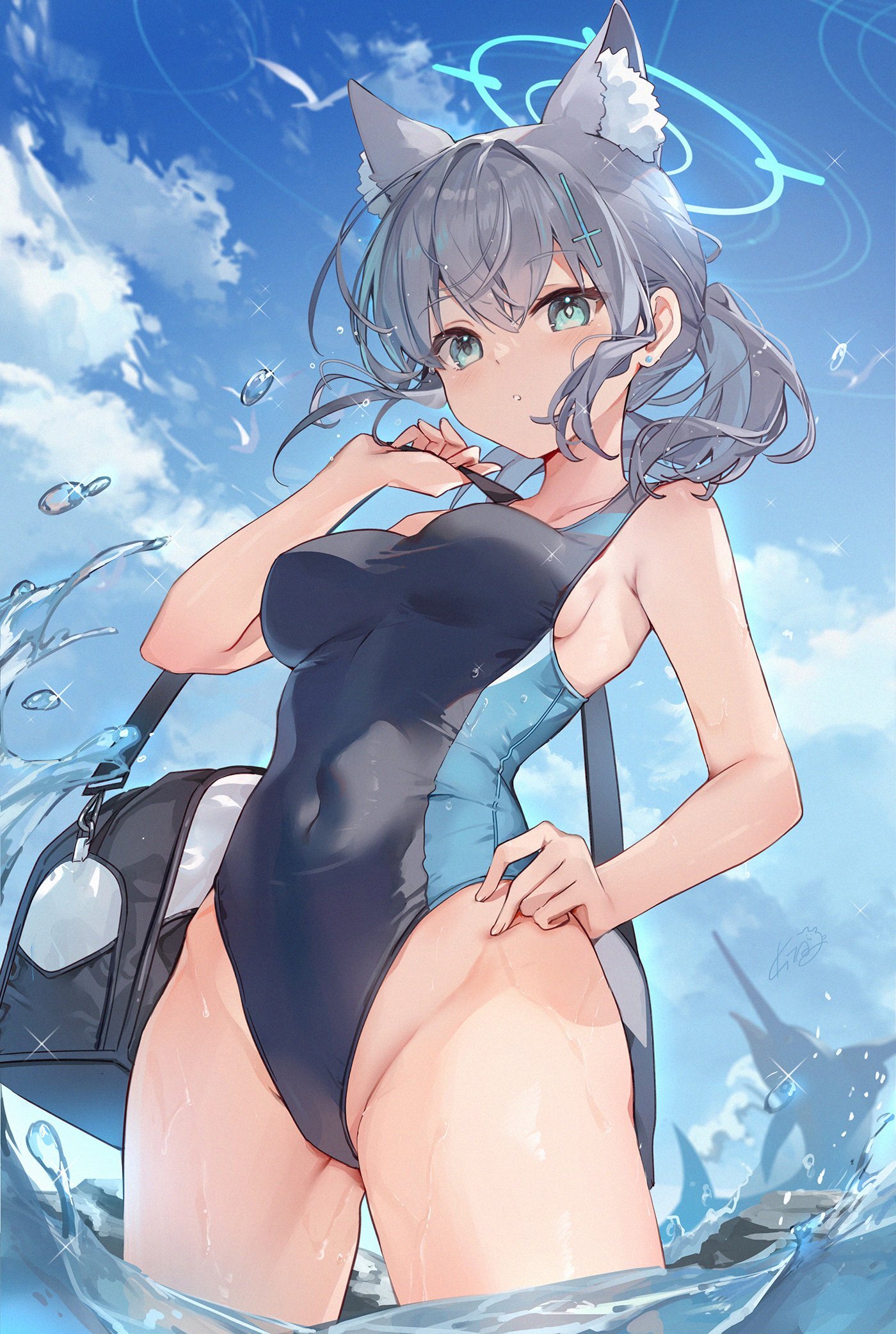 Collection of seafood - Anime art, Anime, Girls, Games, Blue archive, Sunaookami shiroko, Sea, Swimsuit, Animal ears