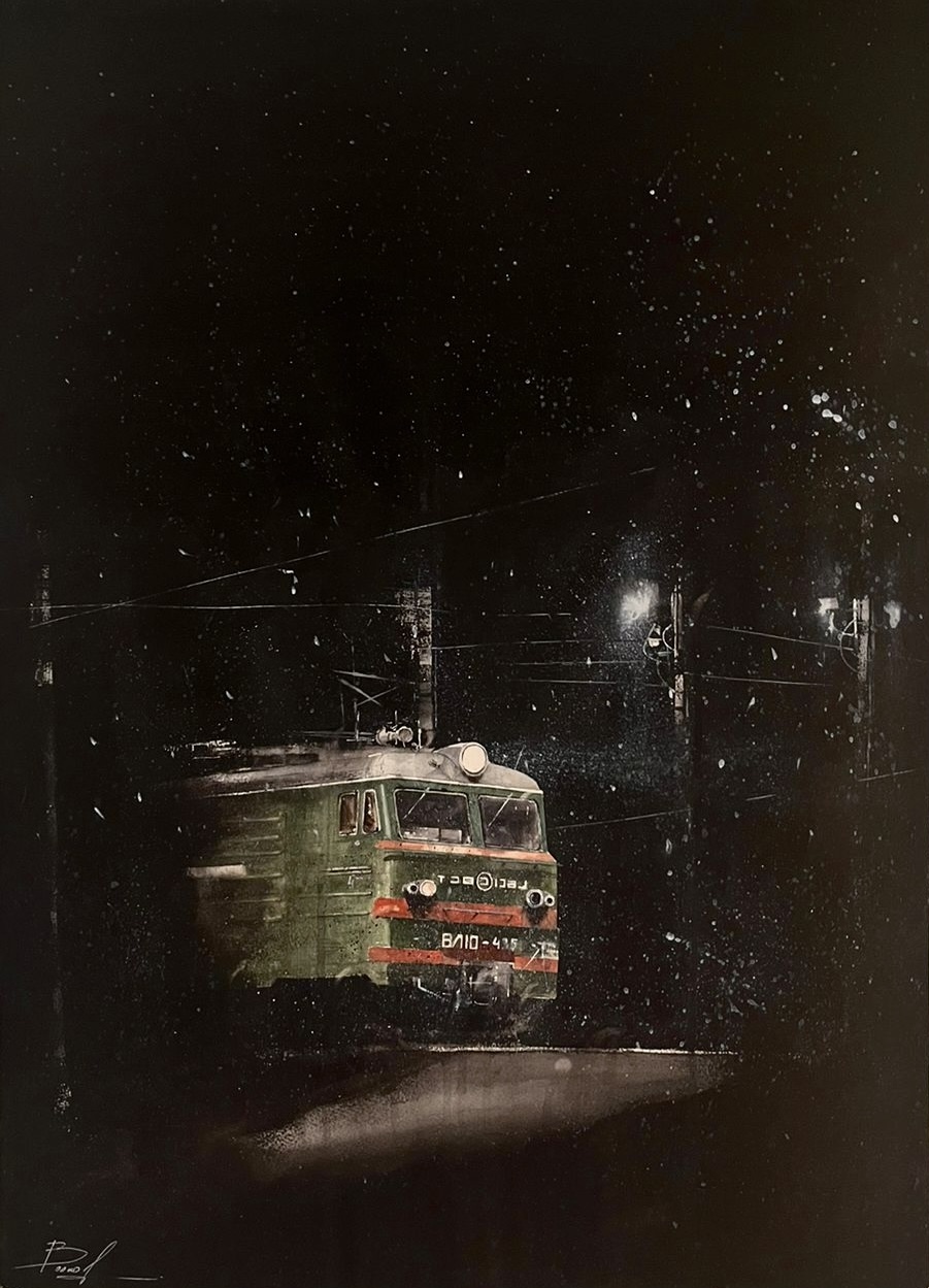 Watercolor.Volkov Igor - My, Watercolor, Paper, Painting, VL10, Electric locomotive, Night, Winter