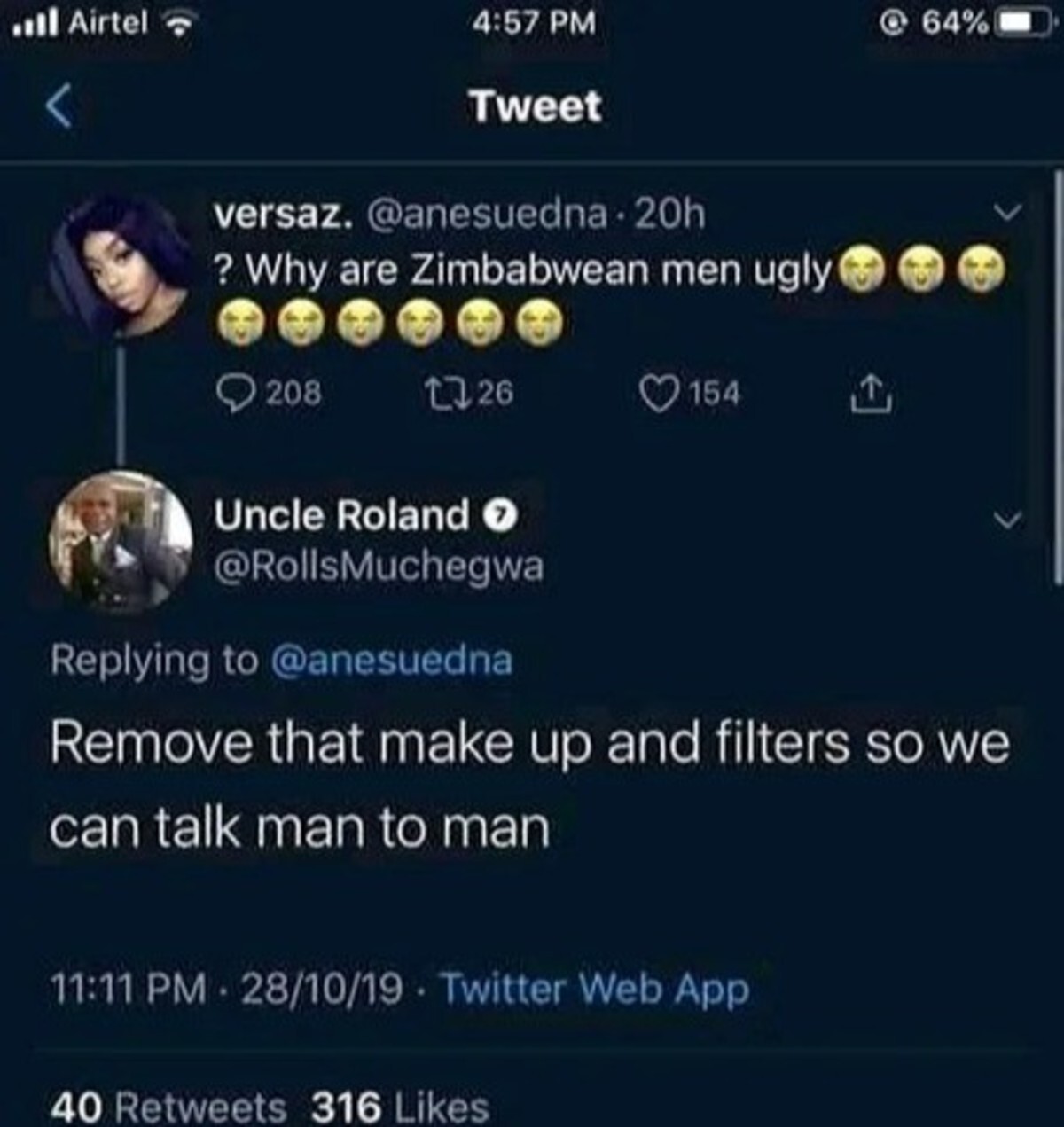 Serious conversation - Men and women, Zimbabwe, Twitter, Screenshot, Hardened