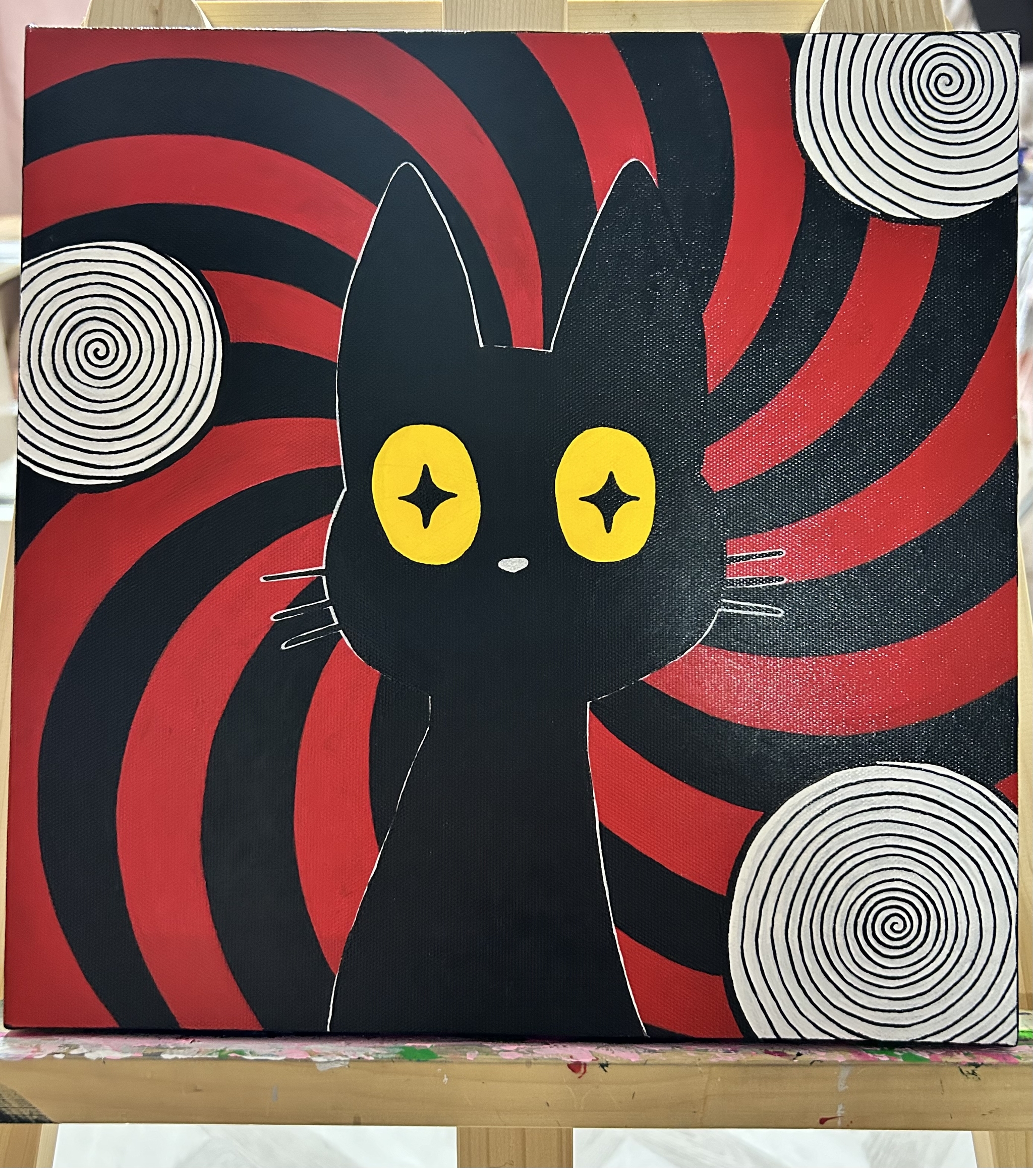 Black cat - My, Painting, Canvas, Acrylic, cat, Black cat, Spiral