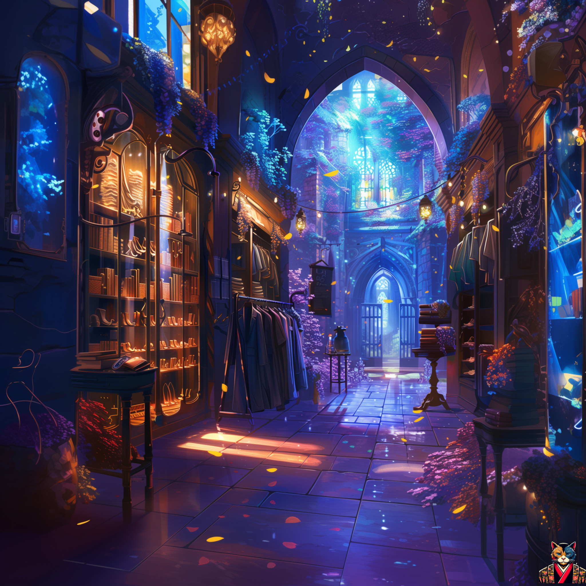 Midjourney: Clothing Store Interior Background, Anime Style - Art, Neural network art, Нейронные сети, Artificial Intelligence, Midjourney, Anime, Score, Cloth, Longpost