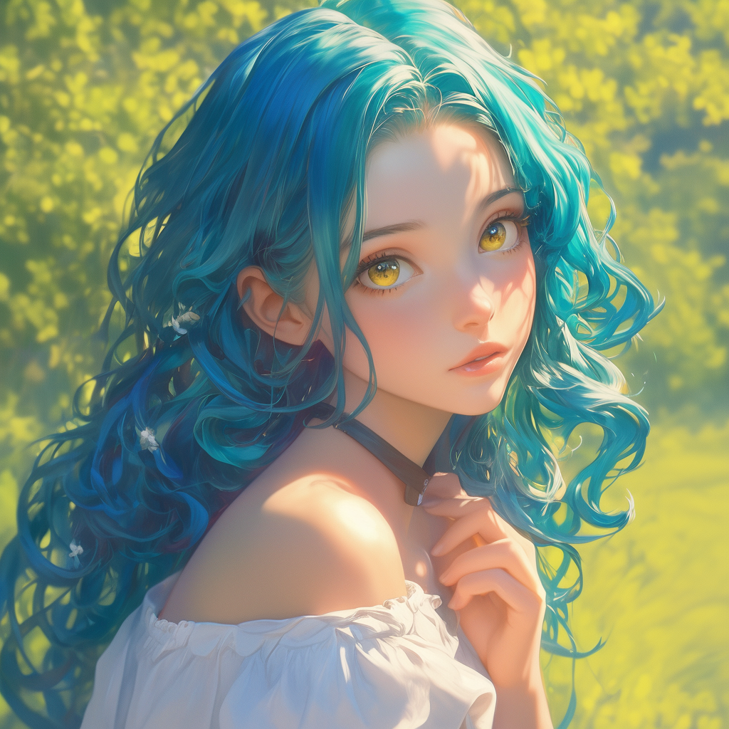 Anime art - My, Neural network art, Art, Anime art, Girls, Nature, Blue hair, The dress, Colorful hair, Longpost