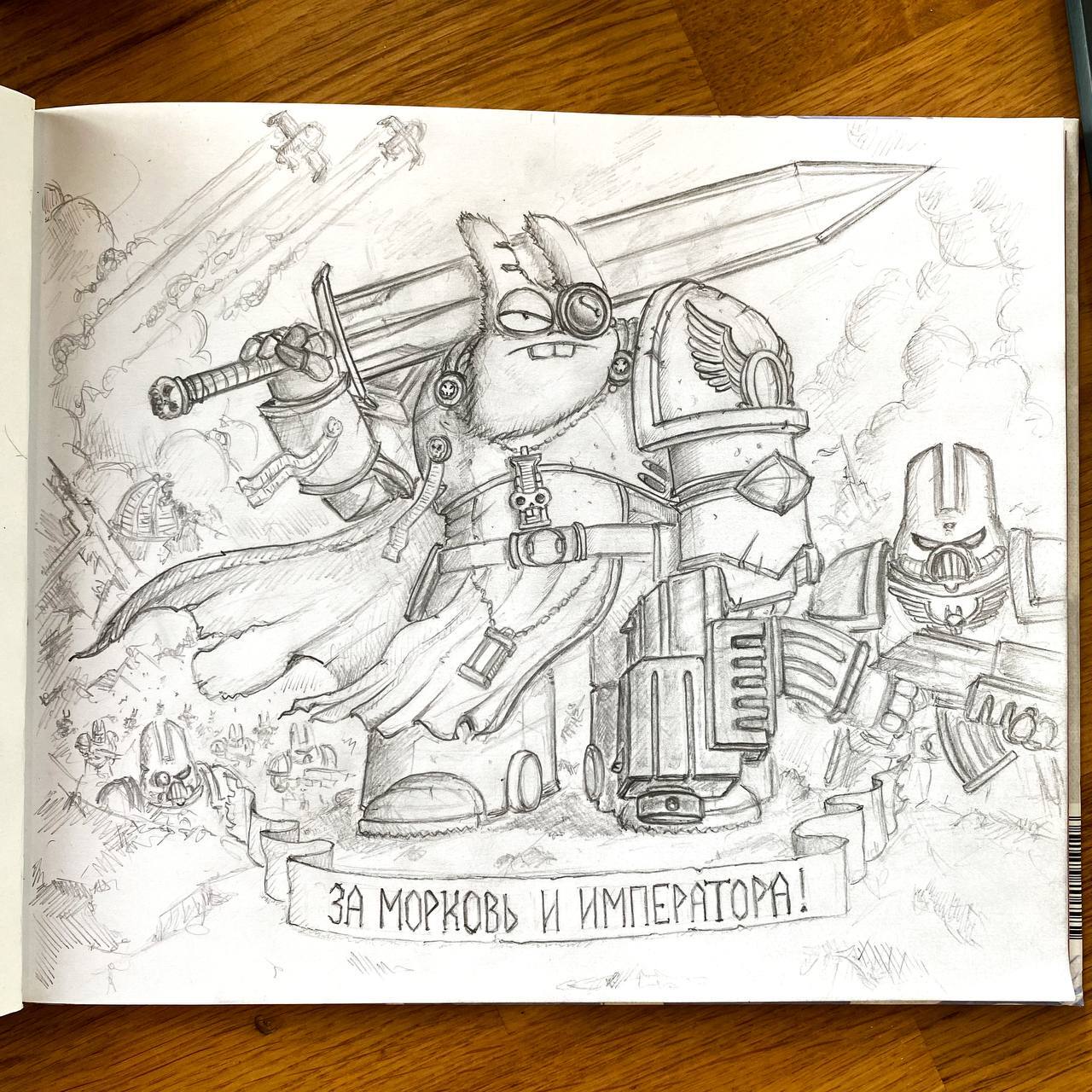 Drew a hare space marine - My, Volf Maple, Warhammer 40k, Humor, Drawing, Pencil drawing