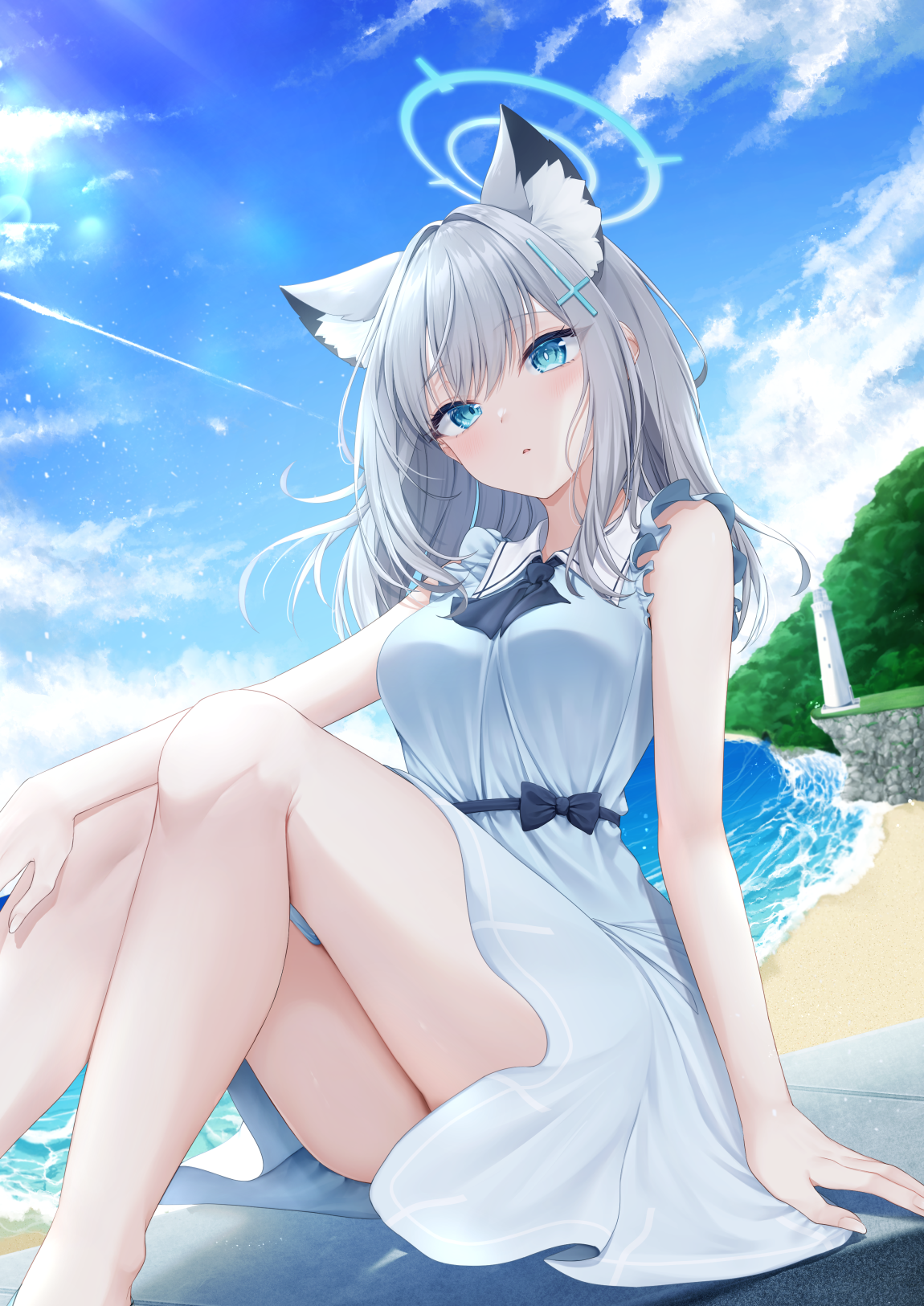 Sunaookami Shiroko #015 - Anime art, Anime, Blue archive, Sunaookami shiroko, Animal ears, The dress, Beach, Girls, Clouds