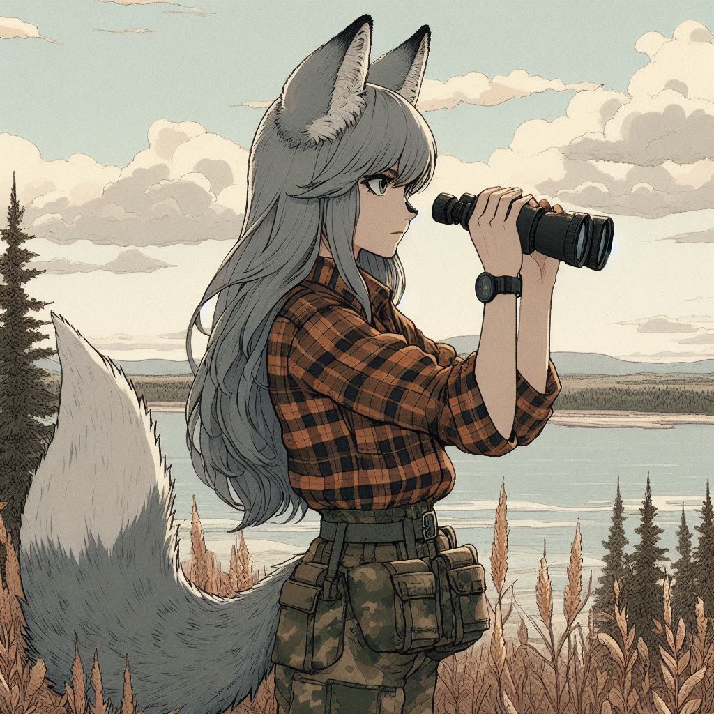 Helga and fellow traveler - My, Neural network art, Нейронные сети, Anime art, Girls, Art, Anime, Original character, Animal ears, Tail, Wolf, The Bears, Hike, Ginger & White, Longpost