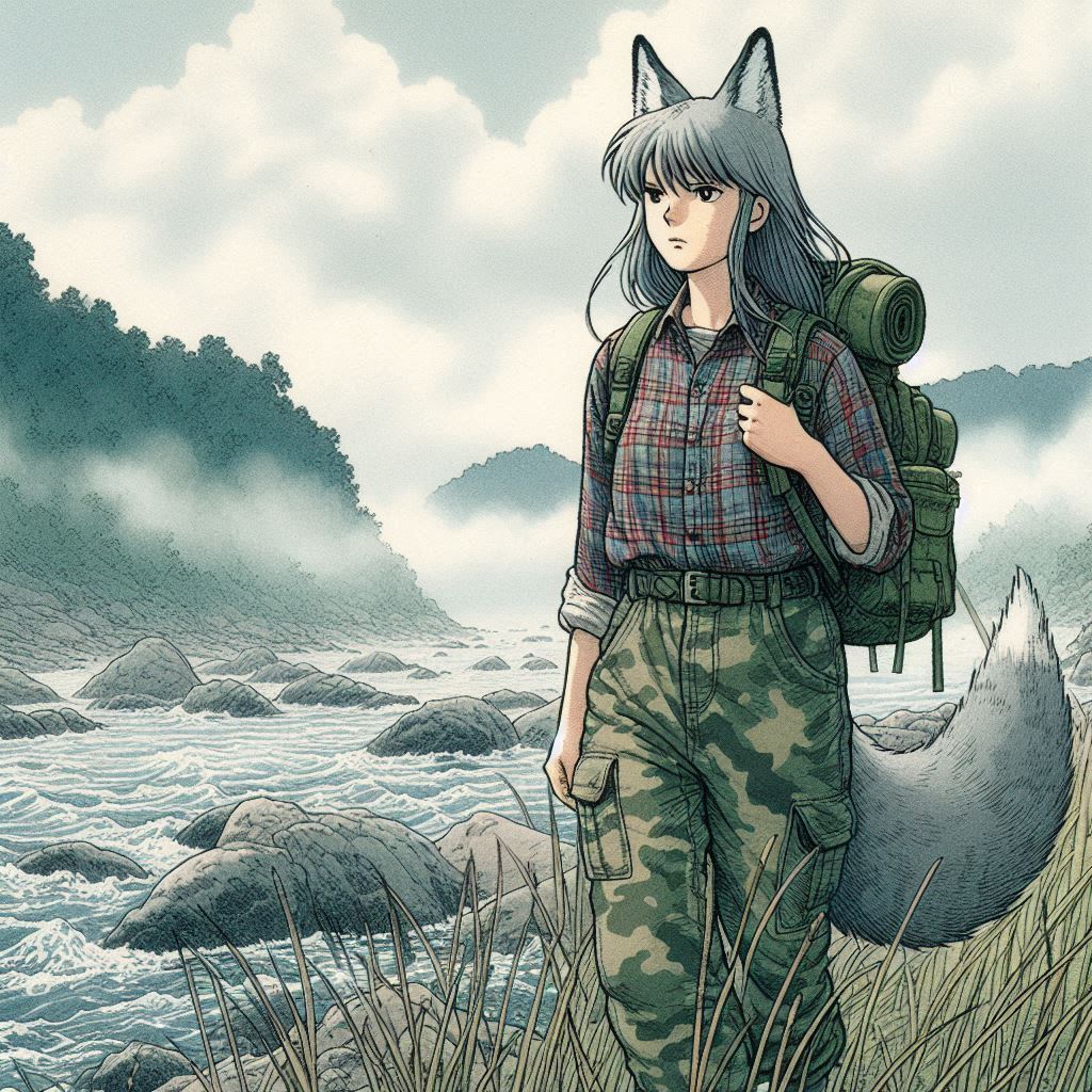 Helga and fellow traveler - My, Neural network art, Нейронные сети, Anime art, Girls, Art, Anime, Original character, Animal ears, Tail, Wolf, The Bears, Hike, Ginger & White, Longpost