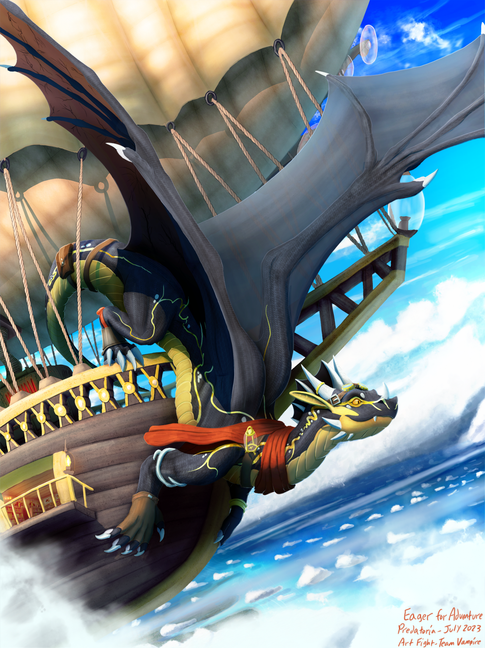 Thirst for adventure - Art, The Dragon, Airship, Zeppelins, Flight, Adventures, Sky, Digital drawing, Clouds, Predatoria