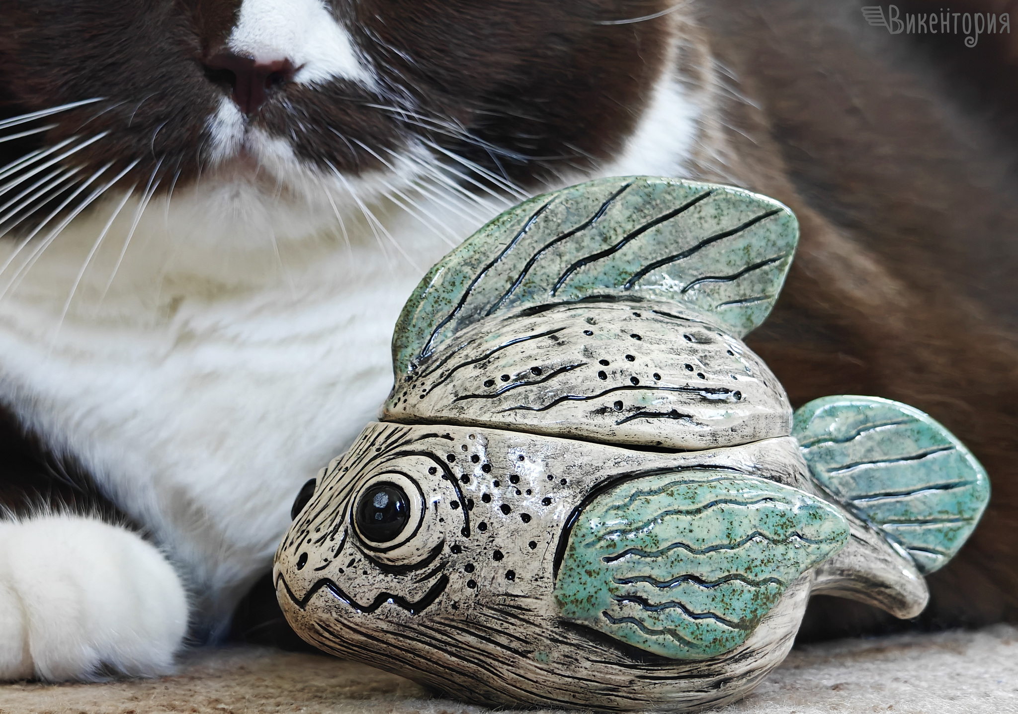 Ceramic fish box - My, Ceramics, Hobby, Creation, Clay, Longpost, A fish, Casket, cat, Лепка, Needlework without process