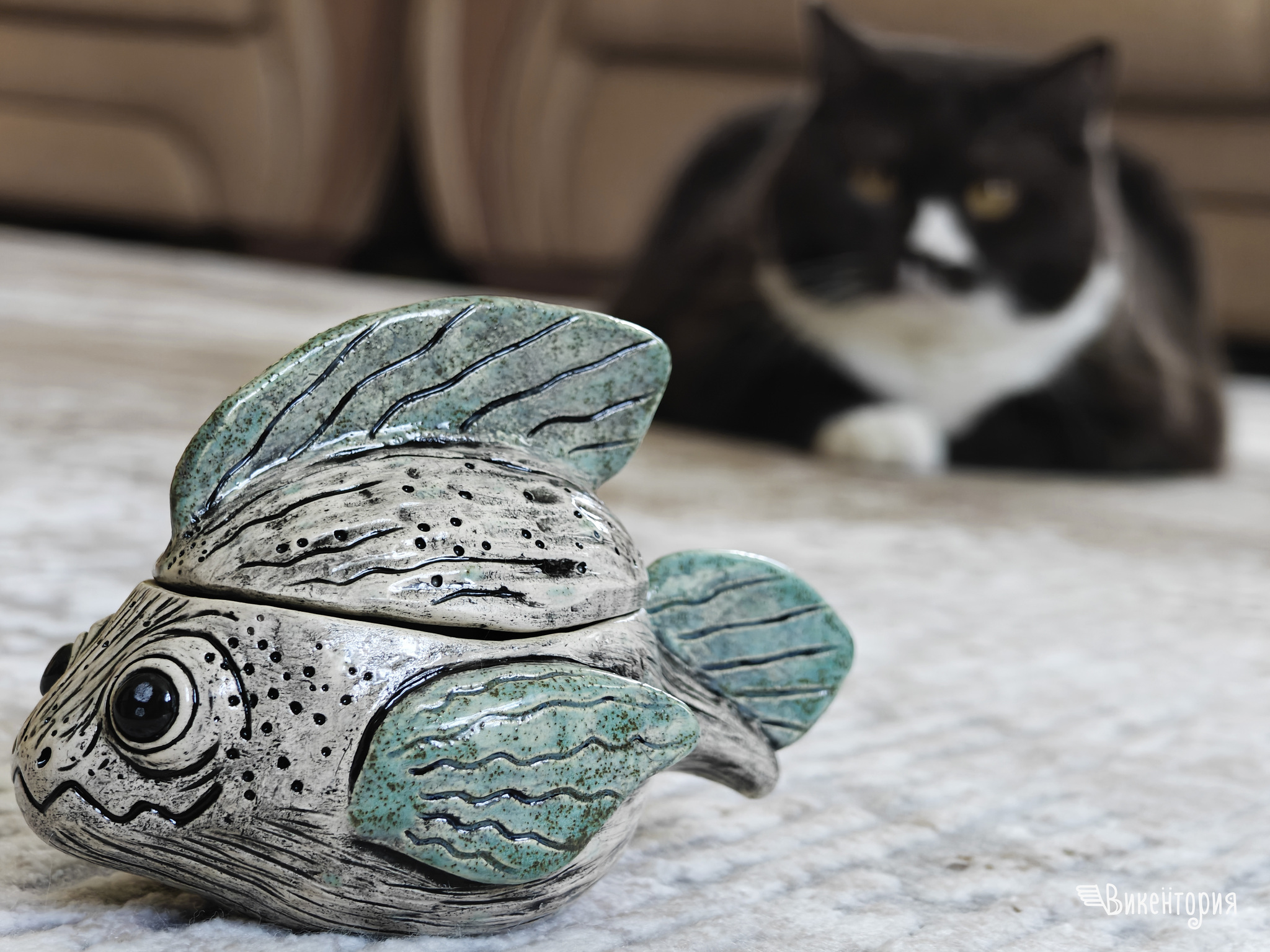 Ceramic fish box - My, Ceramics, Hobby, Creation, Clay, Longpost, A fish, Casket, cat, Лепка, Needlework without process