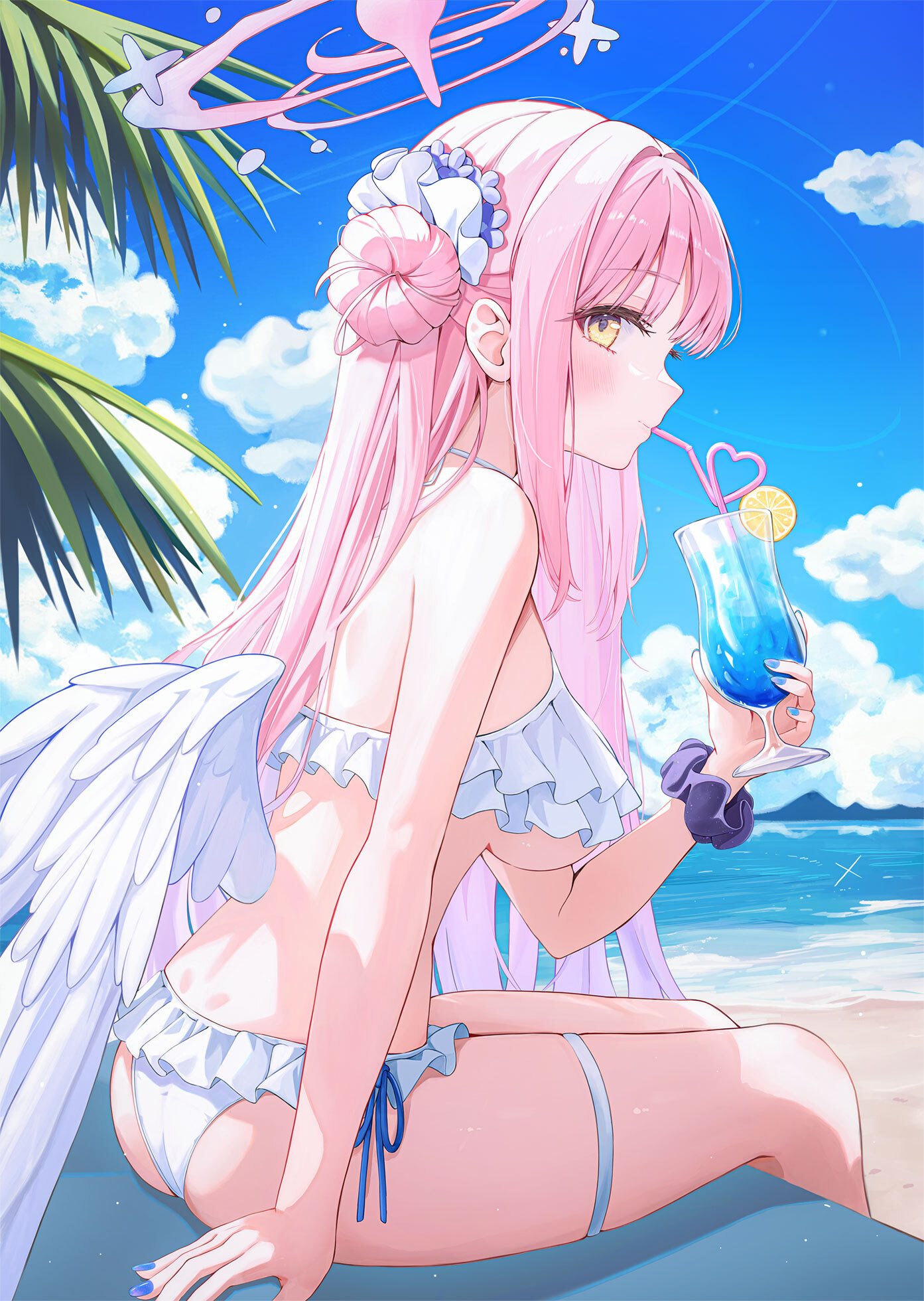 Mika on the beach - Anime art, Anime, Girls, Games, Blue archive, Misono Mika, Swimsuit, Bikini, Beach, Sea, Summer, Wings