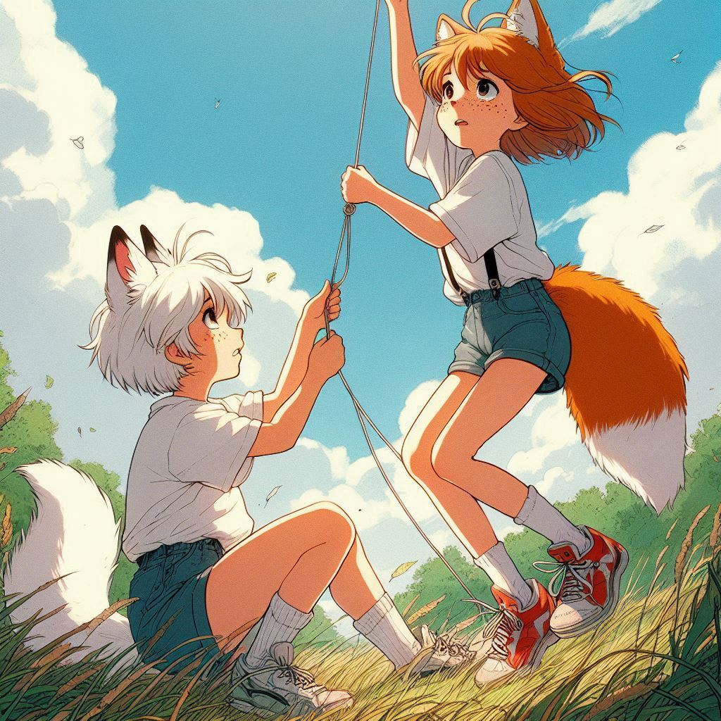 Red Cockroach (memory from youth) - My, Neural network art, Нейронные сети, Art, Anime art, Girls, Anime, Original character, Kitsune, Animal ears, Tail, Memories, Childhood, Summer, Ginger & White, Longpost