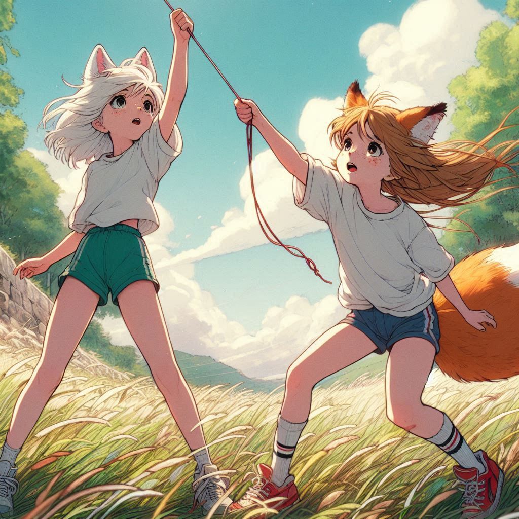 Red Cockroach (memory from youth) - My, Neural network art, Нейронные сети, Art, Anime art, Girls, Anime, Original character, Kitsune, Animal ears, Tail, Memories, Childhood, Summer, Ginger & White, Longpost