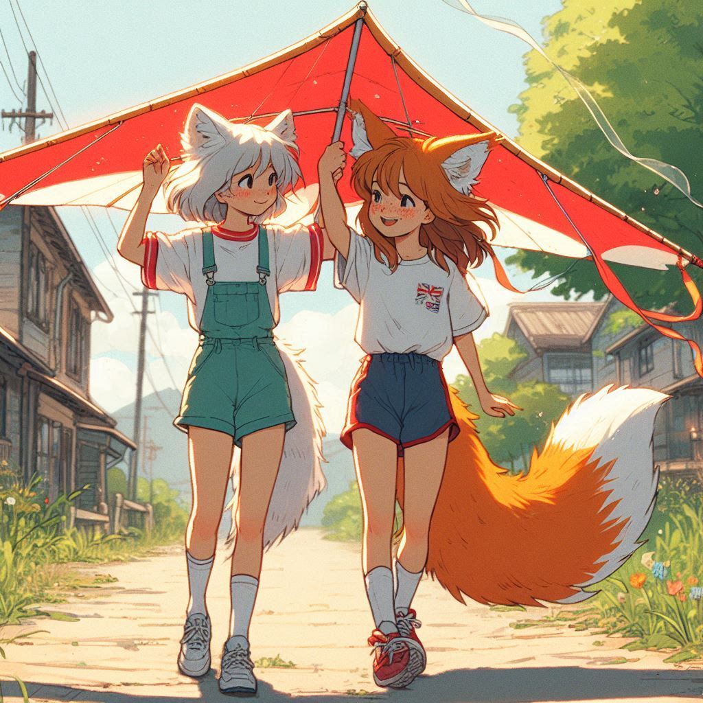 Red Cockroach (memory from youth) - My, Neural network art, Нейронные сети, Art, Anime art, Girls, Anime, Original character, Kitsune, Animal ears, Tail, Memories, Childhood, Summer, Ginger & White, Longpost