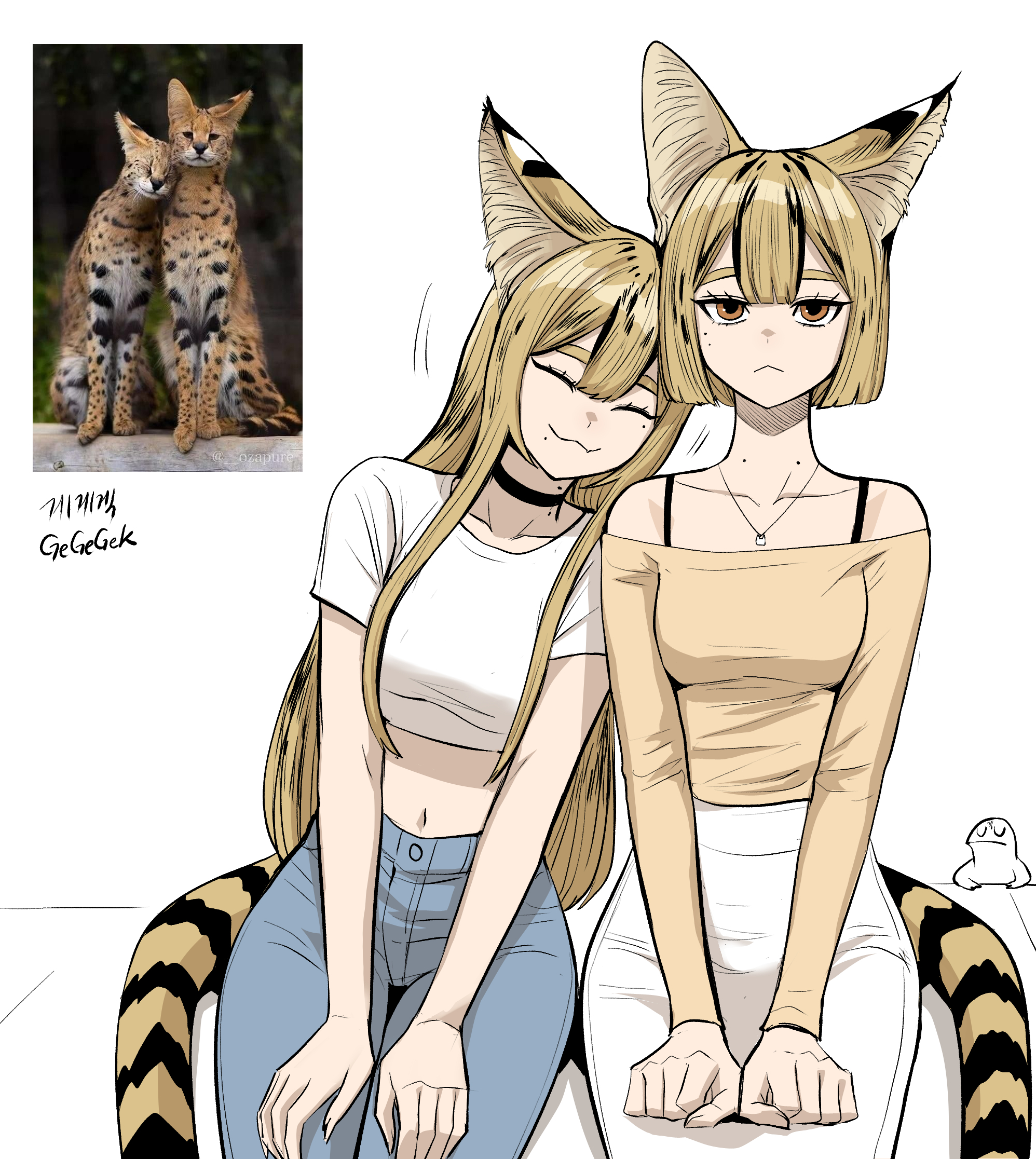 Continuation of the post “Humanization” - Art, Anime, Anime art, Humanization, Animal ears, Gegegekman, Tail, cat, Serval, Reply to post, A wave of posts