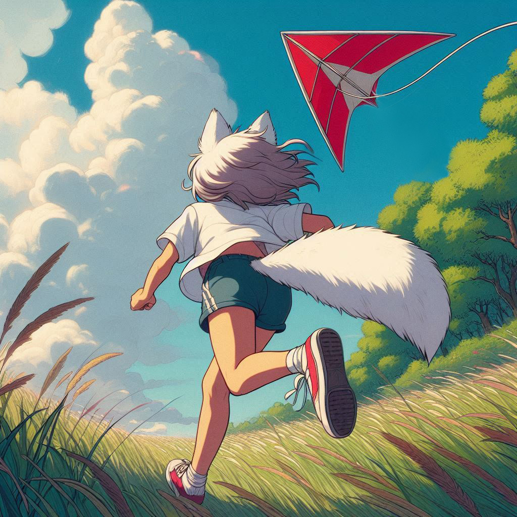 Red Cockroach (memory from youth) - My, Neural network art, Нейронные сети, Art, Anime art, Girls, Anime, Original character, Kitsune, Animal ears, Tail, Memories, Childhood, Summer, Ginger & White, Longpost