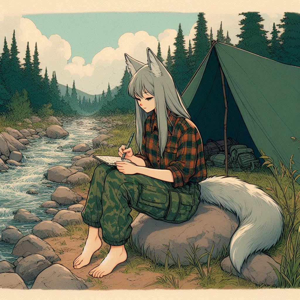 Helga and fellow traveler - My, Neural network art, Нейронные сети, Anime art, Girls, Art, Anime, Original character, Animal ears, Tail, Wolf, The Bears, Hike, Ginger & White, Longpost