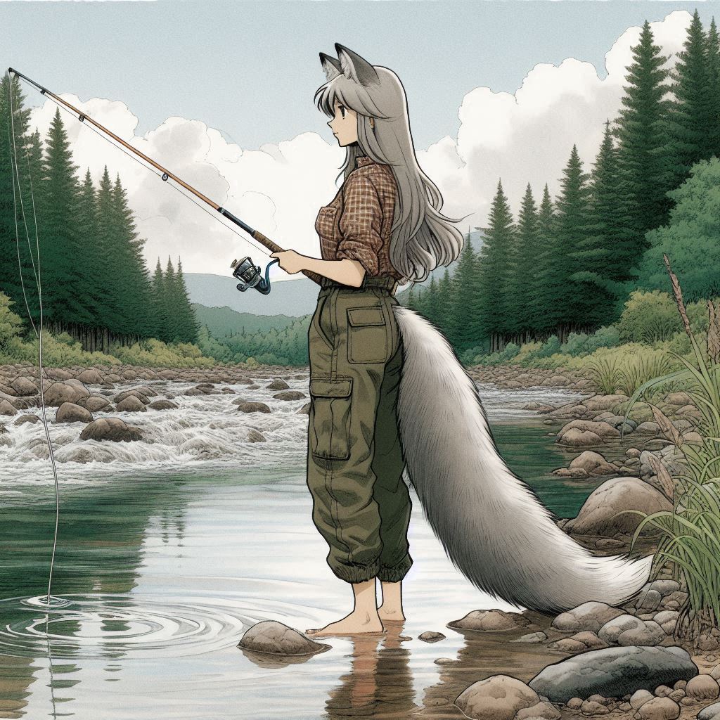 Helga and fellow traveler - My, Neural network art, Нейронные сети, Anime art, Girls, Art, Anime, Original character, Animal ears, Tail, Wolf, The Bears, Hike, Ginger & White, Longpost