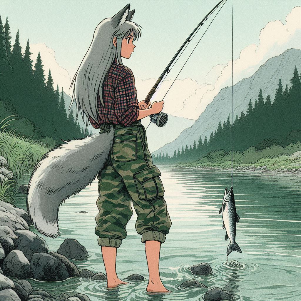 Helga and fellow traveler - My, Neural network art, Нейронные сети, Anime art, Girls, Art, Anime, Original character, Animal ears, Tail, Wolf, The Bears, Hike, Ginger & White, Longpost