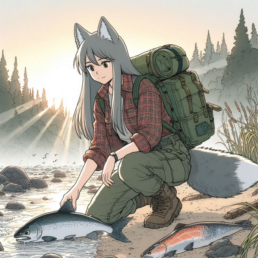 Helga and fellow traveler - My, Neural network art, Нейронные сети, Anime art, Girls, Art, Anime, Original character, Animal ears, Tail, Wolf, The Bears, Hike, Ginger & White, Longpost