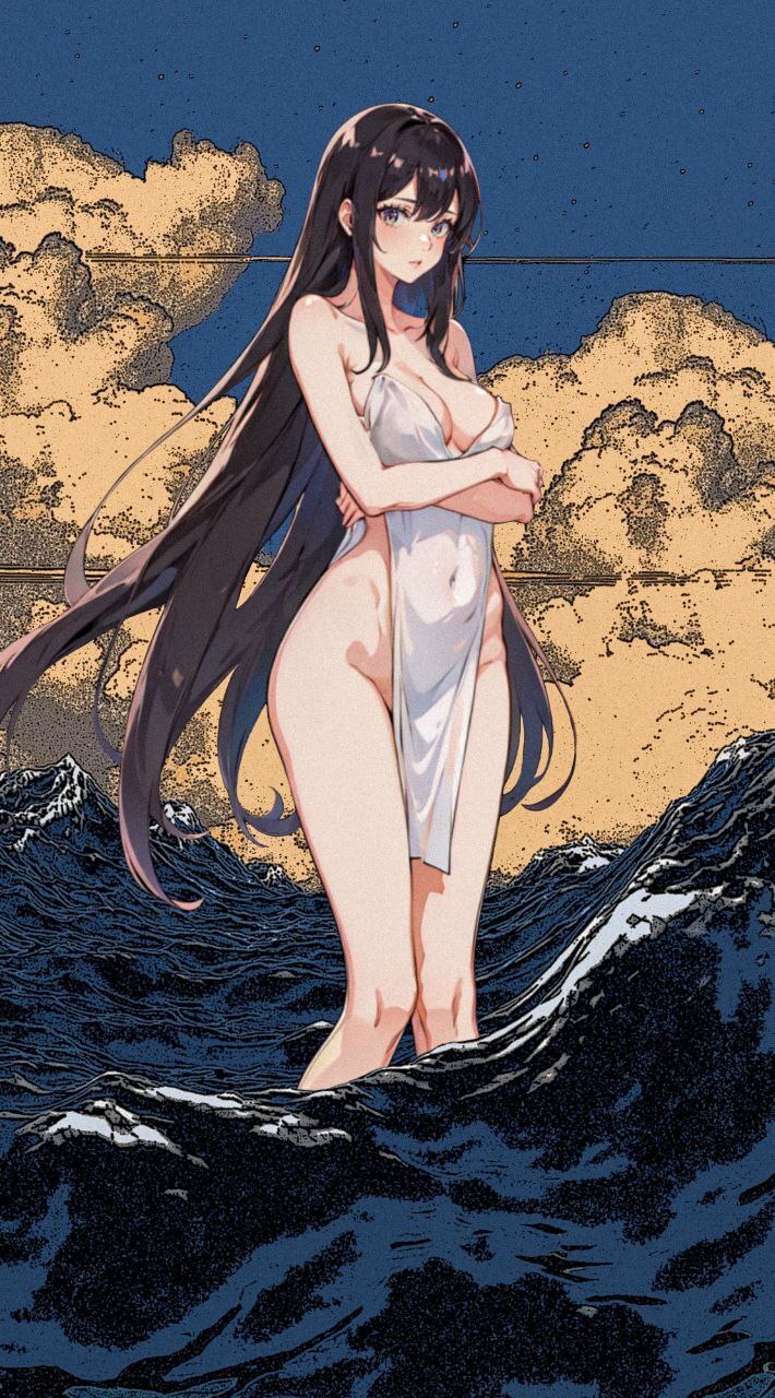 Reckless - My, Art, Neural network art, Digital drawing, Anime, Anime art, Girls, Sea, Towel, Brunette, Clouds, Sky