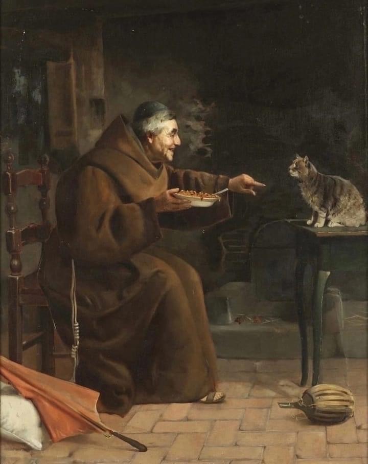 Capuchin feeding a cat - cat, Painting