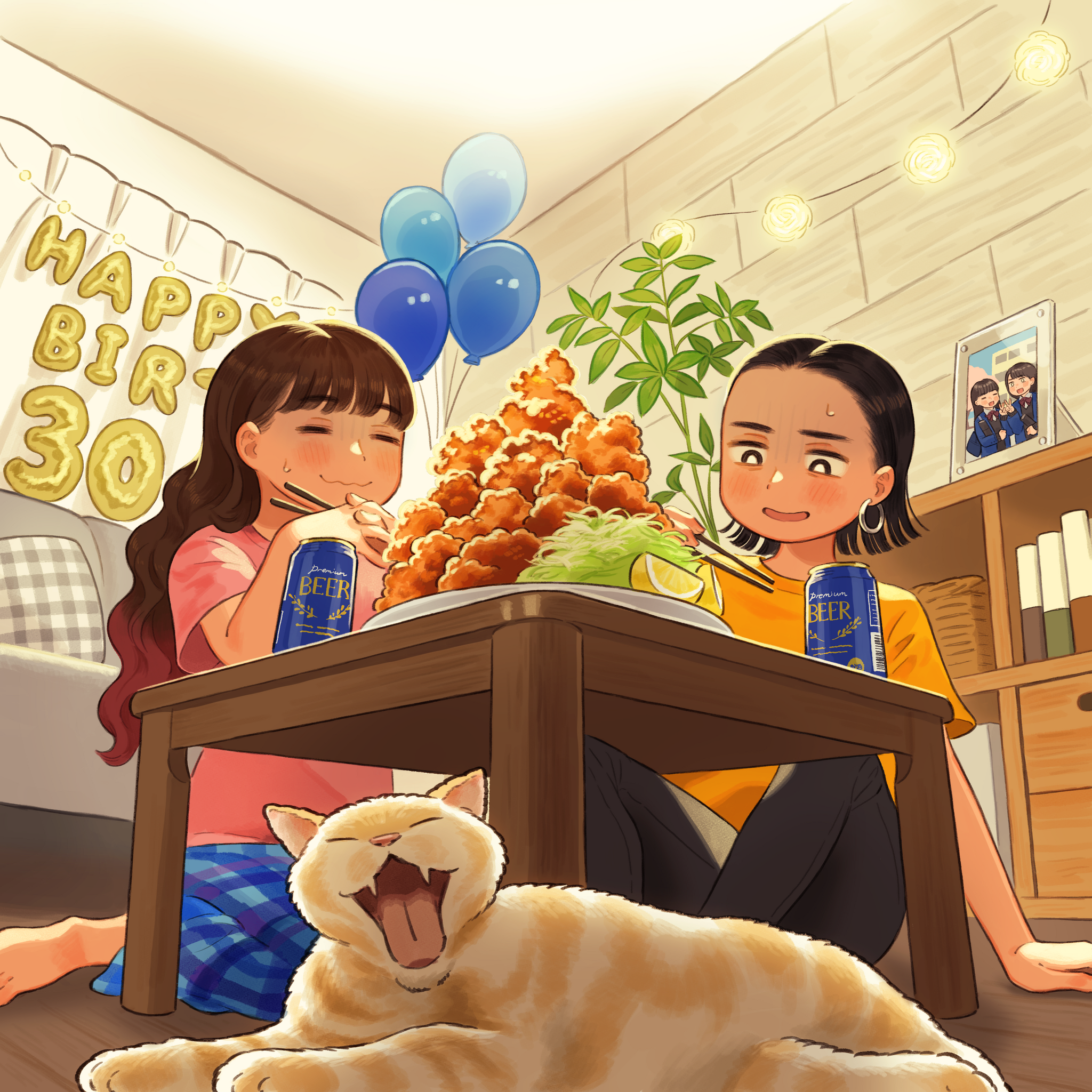 “I’m 30 years old today!” - Anime, Anime art, Original character, Girls, Friend, Food, Beer, Birthday, cat