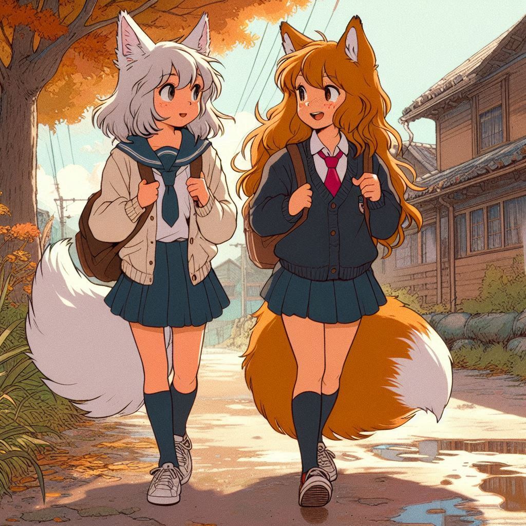 Ten years ago... - My, Neural network art, Нейронные сети, Girls, Art, Anime art, Original character, Kitsune, Animal ears, Tail, School uniform, Memories, Childhood, Autumn, Ginger & White, Longpost