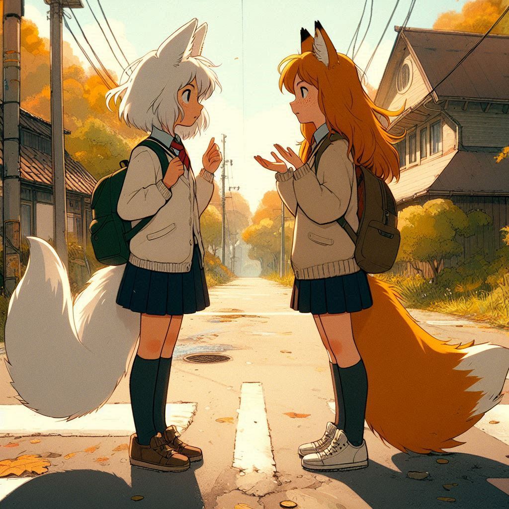 Ten years ago... - My, Neural network art, Нейронные сети, Girls, Art, Anime art, Original character, Kitsune, Animal ears, Tail, School uniform, Memories, Childhood, Autumn, Ginger & White, Longpost